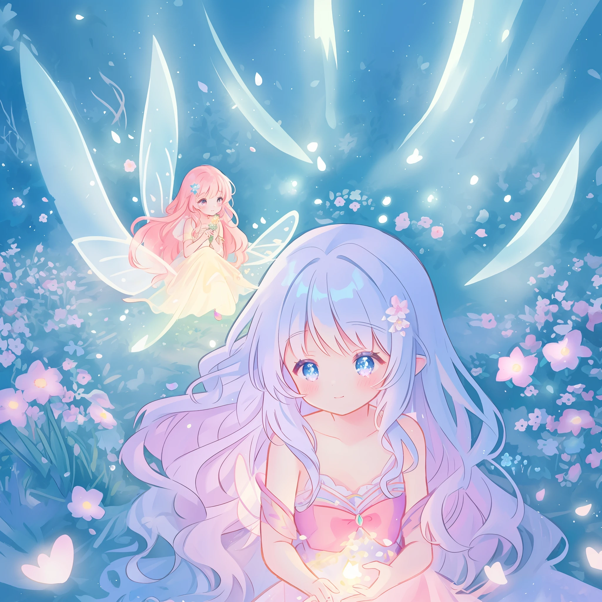 beautiful girl in fairy dress made of flower petals, beautiful fairy queen surrounded by colorful tiny pixies and fairies, glowing tiny fairies, (glowing fairy wings), glowing flowing ballgown, long wavy hair, sparkling fairy wings, watercolor illustration, flowers and colorful plants, inspired by Glen Keane, inspired by Lois van Baarle, disney art style, by Lois van Baarle, glowing aura around her, by Glen Keane, jen bartel, glowing lights! digital painting, flowing glowing hair, glowing flowing hair, beautiful digital illustration, fantasia otherworldly landscape plants flowers, beautiful, masterpiece, best quality, anime disney style