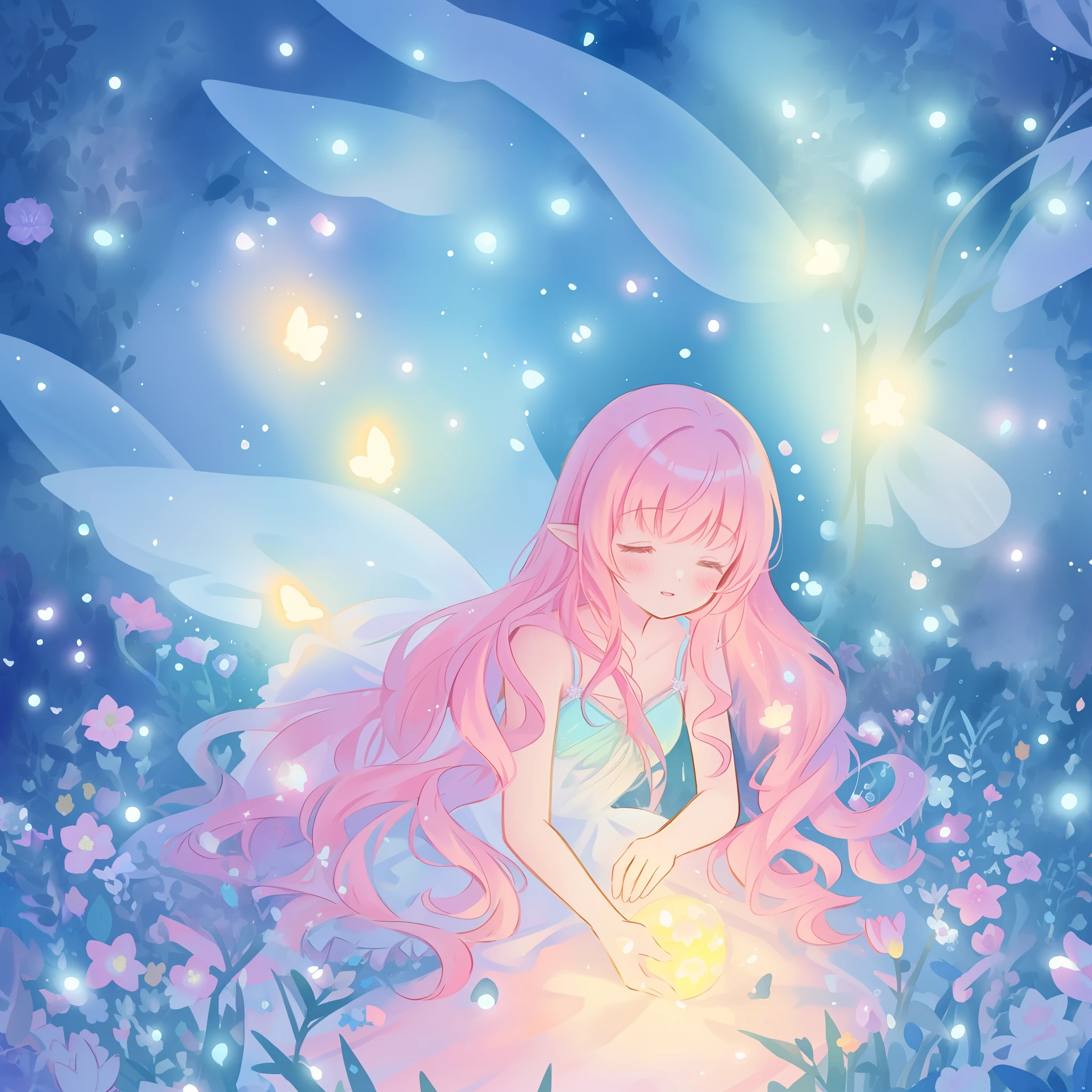 beautiful girl in fairy dress made of flower petals, beautiful fairy queen surrounded by colorful tiny pixies and fairies, glowing tiny fairies, (glowing fairy wings), glowing flowing ballgown, long wavy hair, sparkling fairy wings, watercolor illustration, flowers and colorful plants, inspired by Glen Keane, inspired by Lois van Baarle, disney art style, by Lois van Baarle, glowing aura around her, by Glen Keane, jen bartel, glowing lights! digital painting, flowing glowing hair, glowing flowing hair, beautiful digital illustration, fantasia otherworldly landscape plants flowers, beautiful, masterpiece, best quality, anime disney style