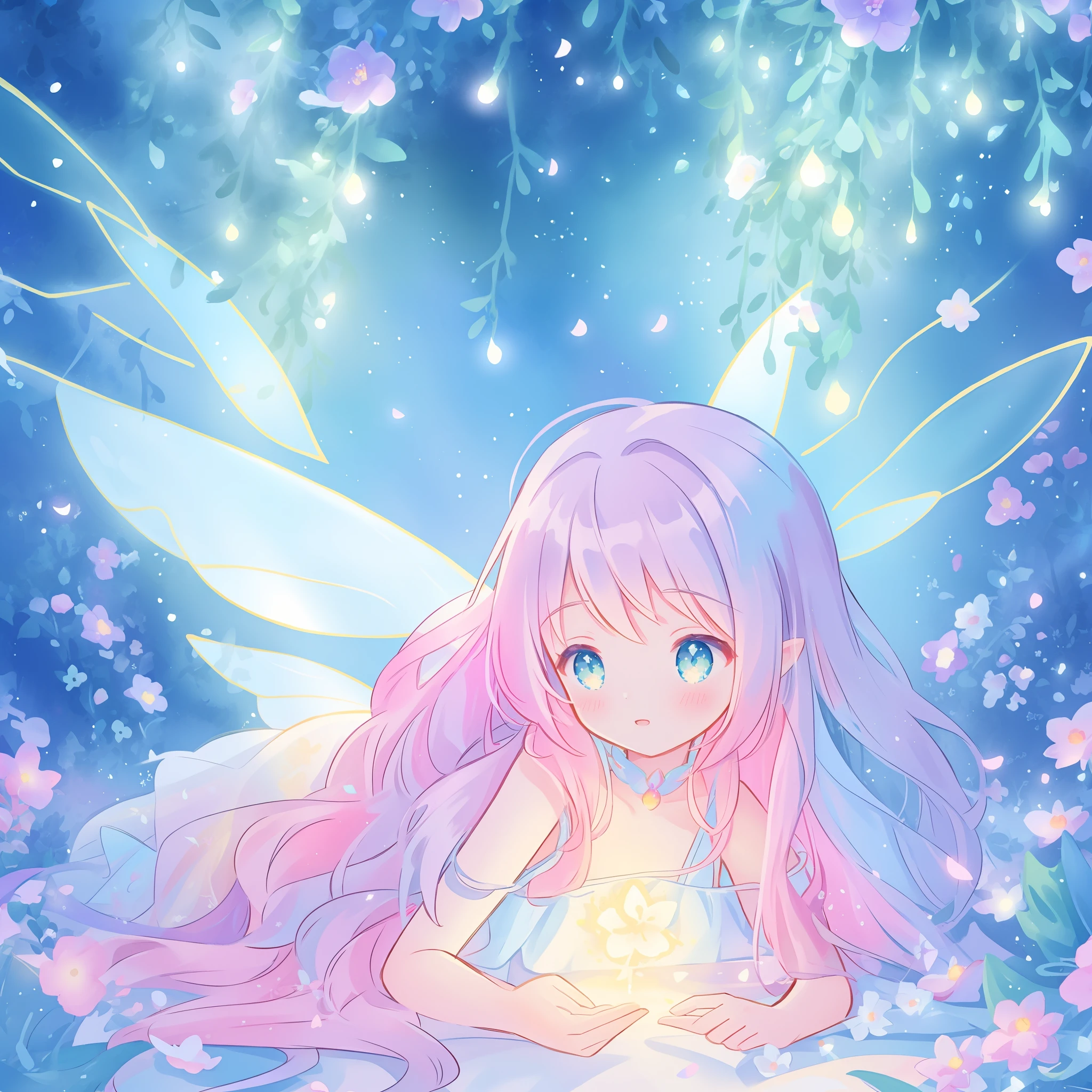 beautiful girl in fairy dress made of flower petals, beautiful fairy queen surrounded by colorful tiny pixies and fairies, glowing tiny fairies, (glowing fairy wings), glowing flowing ballgown, long wavy hair, sparkling fairy wings, watercolor illustration, flowers and colorful plants, inspired by Glen Keane, inspired by Lois van Baarle, disney art style, by Lois van Baarle, glowing aura around her, by Glen Keane, jen bartel, glowing lights! digital painting, flowing glowing hair, glowing flowing hair, beautiful digital illustration, fantasia otherworldly landscape plants flowers, beautiful, masterpiece, best quality, anime disney style