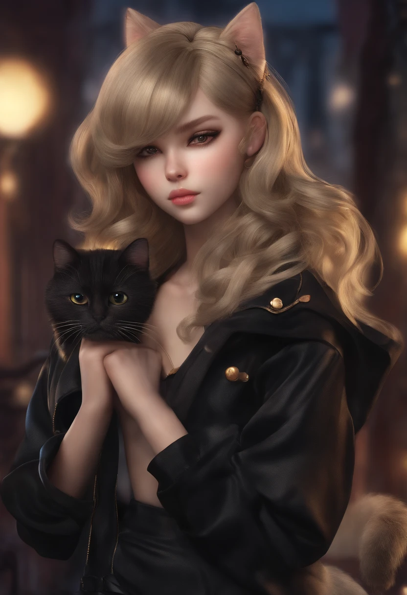 Gacha girl with dirty blonde hair and a black cat jacket