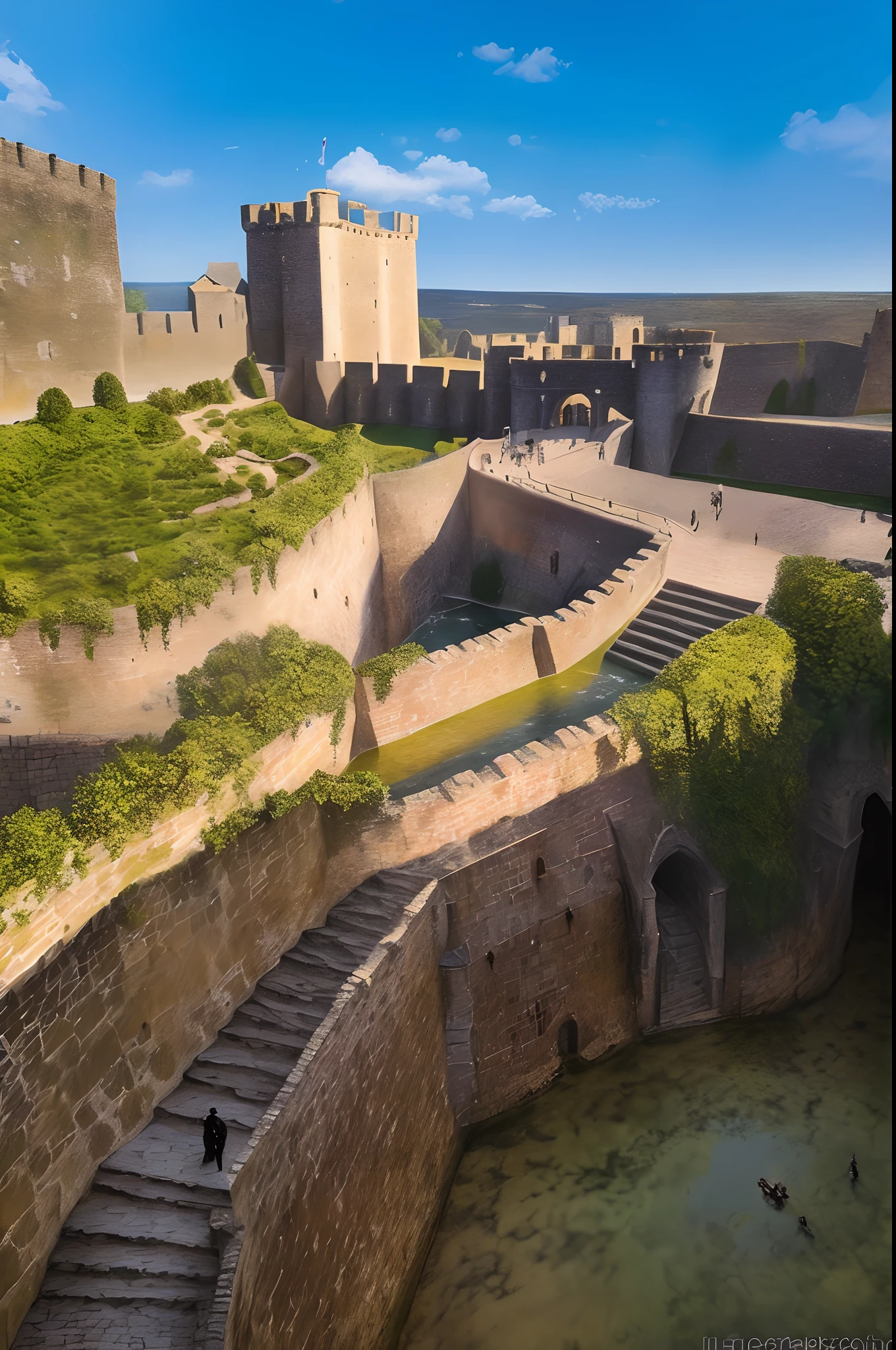 A very detailed photography of a medieval fortress with many stairs, soldiers patrolling around , moat with water in the lower part of the photo, iperrealistic