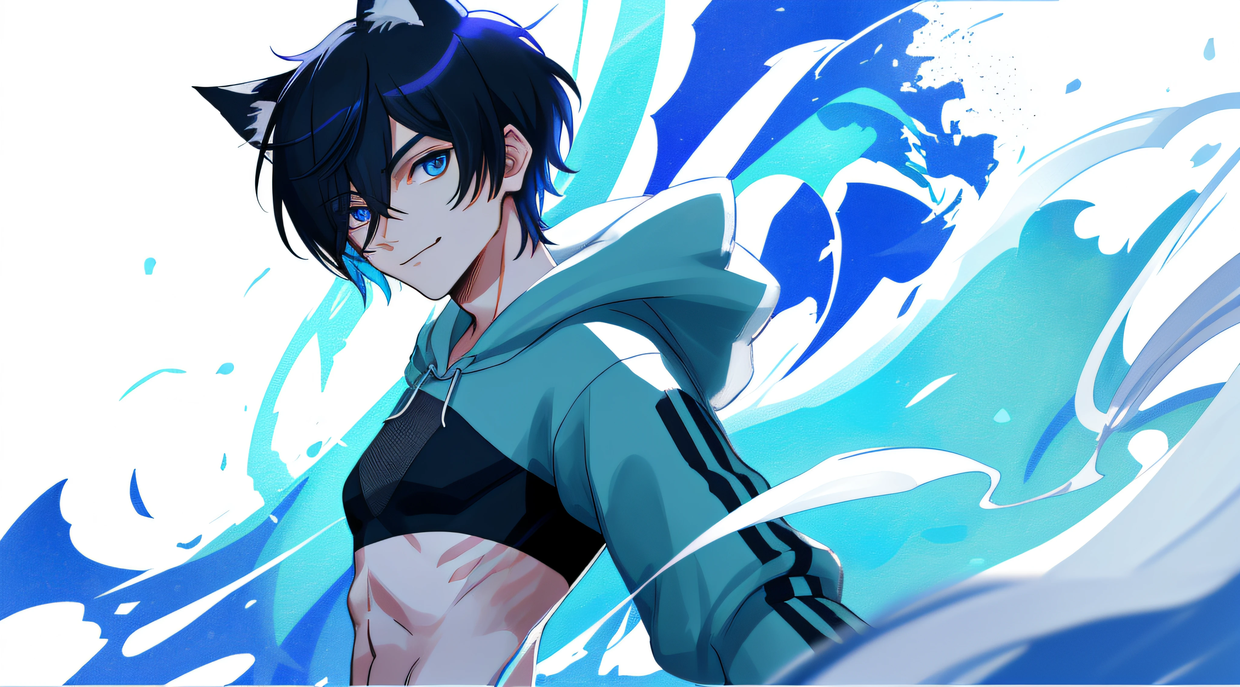 Colorful, hiquality, Sharp, Autofocus, looking a viewer, 1boy in, Cool, a handsome, blue eyes, Evil smile, Blue-black mesh hair, short-cut, pixie cut, hair above the eyes, Hair between the eyes, In a white hooded sweatshirt, All, ((With a clean white background)), Cinematic, particles of light, better shadow, ray tracking, Extremely detailed、Mid, (small boobs), tmasterpiece, male, Flat Breast, (Low angle)Colorful, hiquality, Sharp, Autofocus, looking a viewer, 1boy in, Cool, a handsome, blue eyes, Cat's ears, Evil smile, Blue-black mesh hair, short-cut, pixie cut, hair above the eyes, Hair between the eyes, In a white hooded sweatshirt, All, ((With a clean white background)), Cinematic, particles of light, better shadow, ray tracking, Extremely detailed、Mid, (small boobs), tmasterpiece, male, Flat Breast, (Low angle)