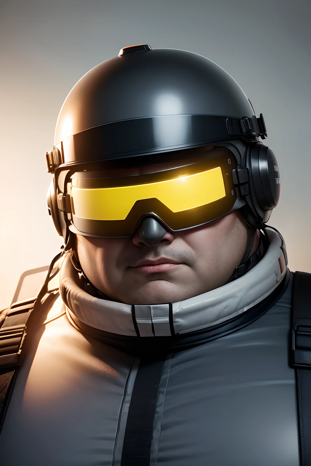 Surprised by a fat policeman of the future in a small protective helmet, that barely fits on your head, with a transparent visor on the face. Punk comedy genre. a lot of details. LED indication in equipment.  Full-length close-up. blurred background. Light haze.