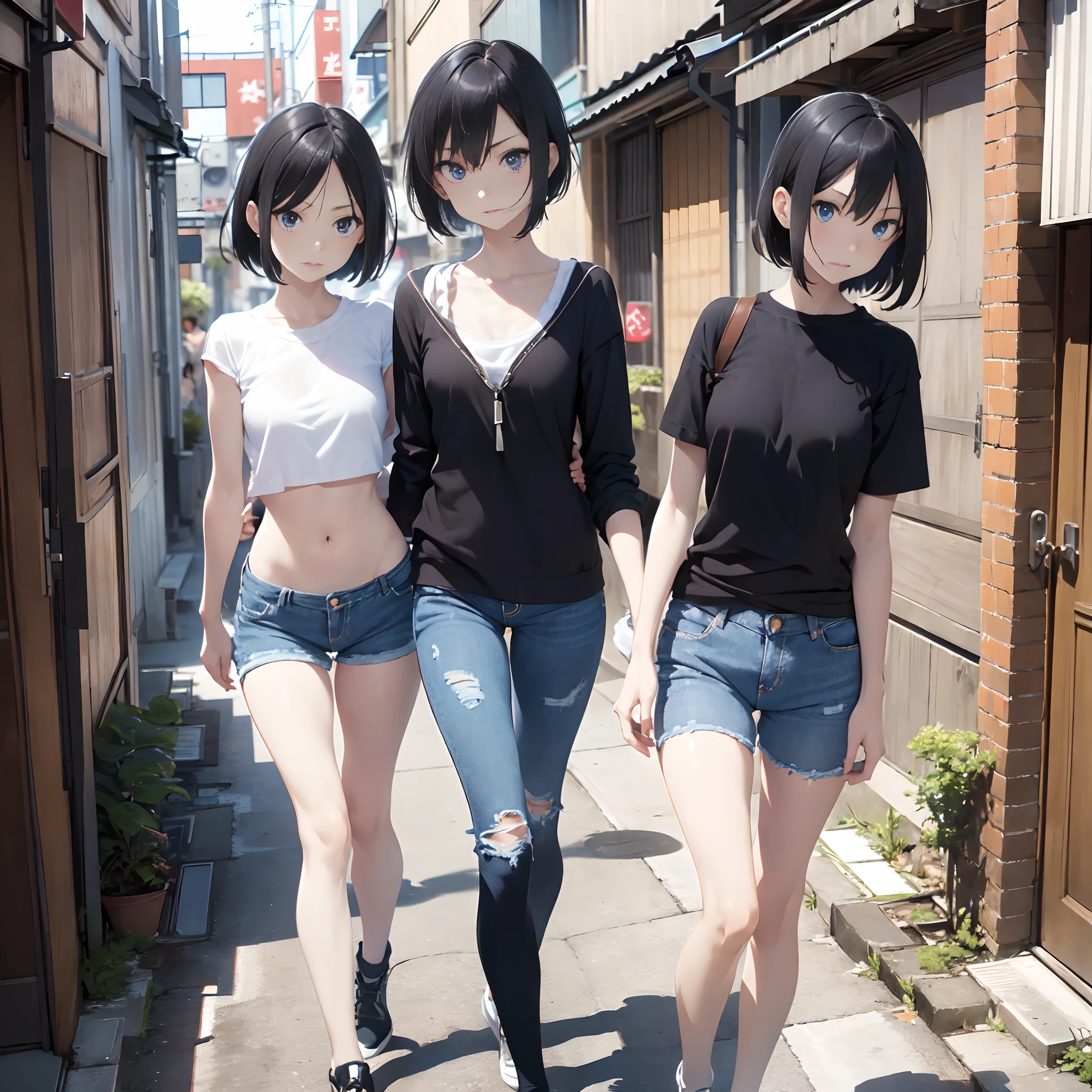girl, (very young and very thin girl), extremely thin, anorexic, slender, ((walking alone)), teenager, short black hair, blue eyes, very white skin, ((very pale)), (male breasts), very small, straight breasts, ((flat breasts)), (pokies), ((extremely thin waist with insanely thin hips)), (very thin legs), ((very thin thighs apart)), (wearing a short, tight top and tiny, tight, low-rise denim shorts), walking down the Tokyo alley