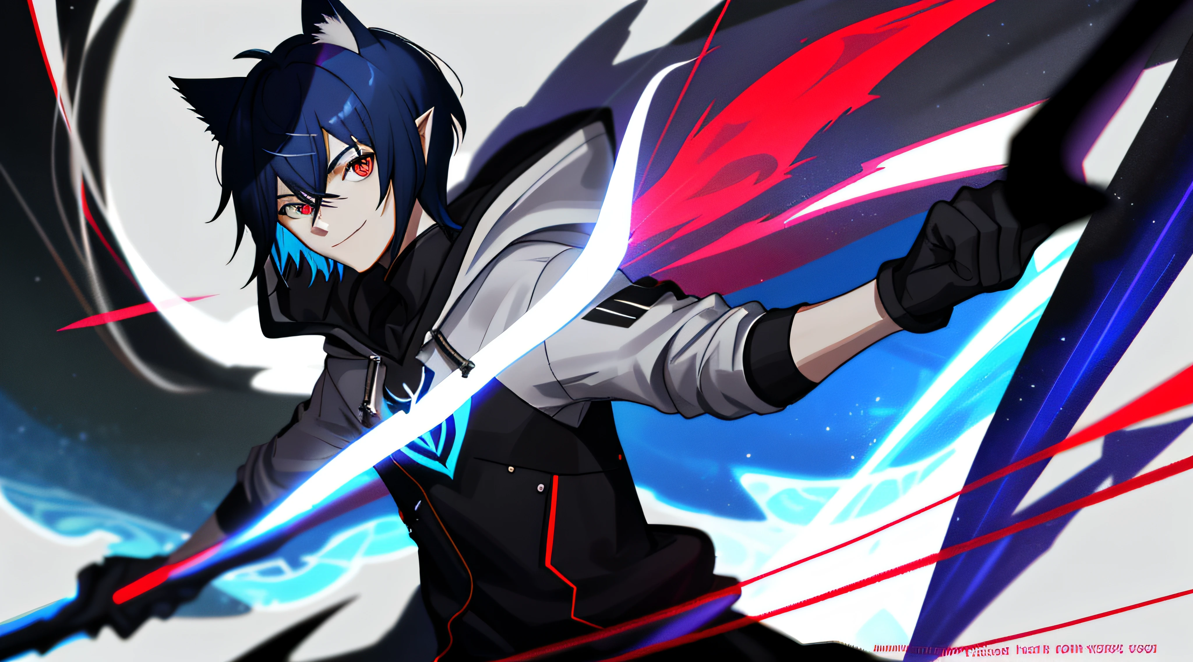 Colorful, hiquality, Sharp, Autofocus, looking a viewer, 1boy in, Cool, a handsome, red eyes, Cat's ears, Evil smile, Blue-black mesh hair, short-cut, pixie cut, hair above the eyes, Hair between the eyes, In a white hooded sweatshirt, All, Cinematic, particles of light, better shadow, ray tracking, Extremely detailed、Mid, (small boobs), tmasterpiece, male, Flat Breast, (Low angle)