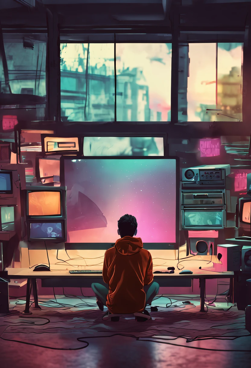 A depressed ager sits in front of the computer in a hollow daze