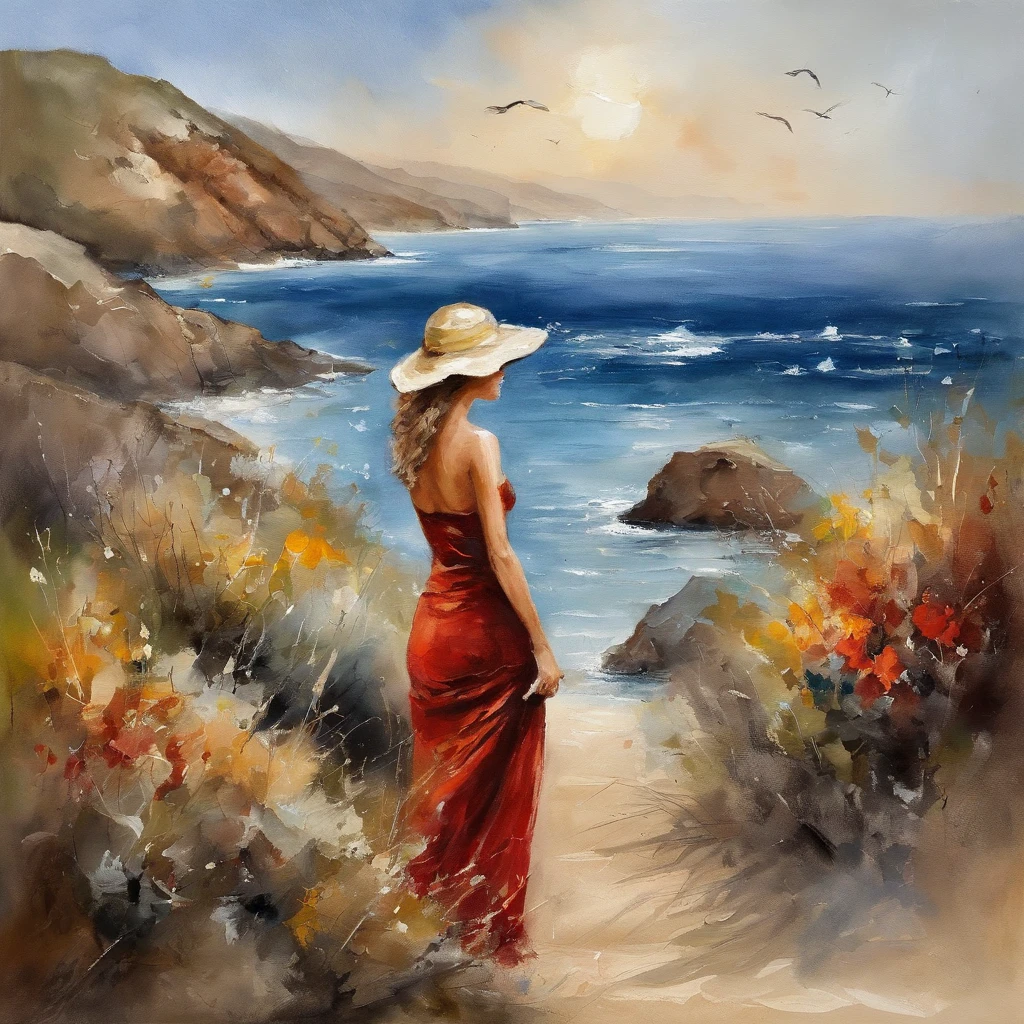 tmasterpiece , created in the corporate realistic style of Andrew Atroshenko v2, demonstrating the exquisite technique of painting with brush strokes and the harmonious process of working with a palette knife in the open air, The result is a high-quality, Highly detailed picture, immersing the viewer in the serene beauty of the ocean. oil painting, ink drawing, lineart