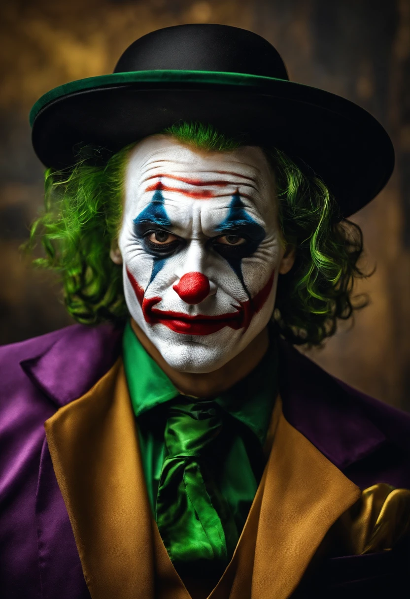A clown with fractal-patterned makeup, green fractal smoke rising from his face, and abstract, surreal clothing. The background is an abstract, fractal landscape.