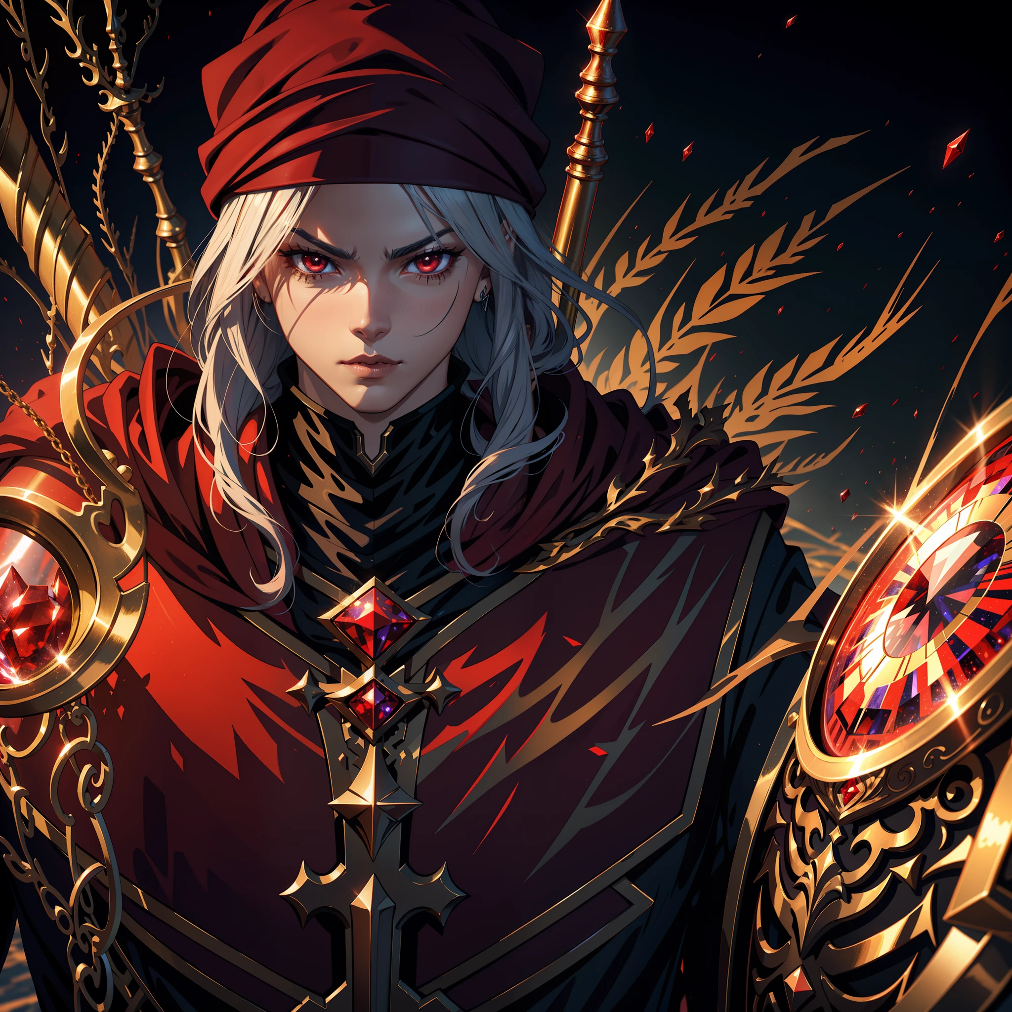 Castlevania Shadow Lord Hyper Realistic Super Detailed Very Beautiful Red Crystal Bright Eyes Super Realistic Super Detailed with Red Turban Hokuto Environment 3D Environment Deep View