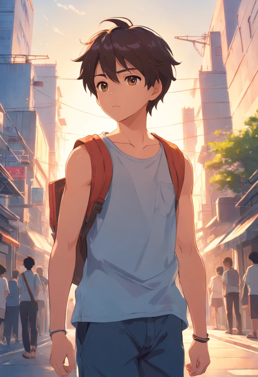 highres,Masterpiece,Best quality at best,Best Quality,high quality,high detail,boys,(small child) 1 boy,slim body,sleeveless shirt,tattoo on upper arm