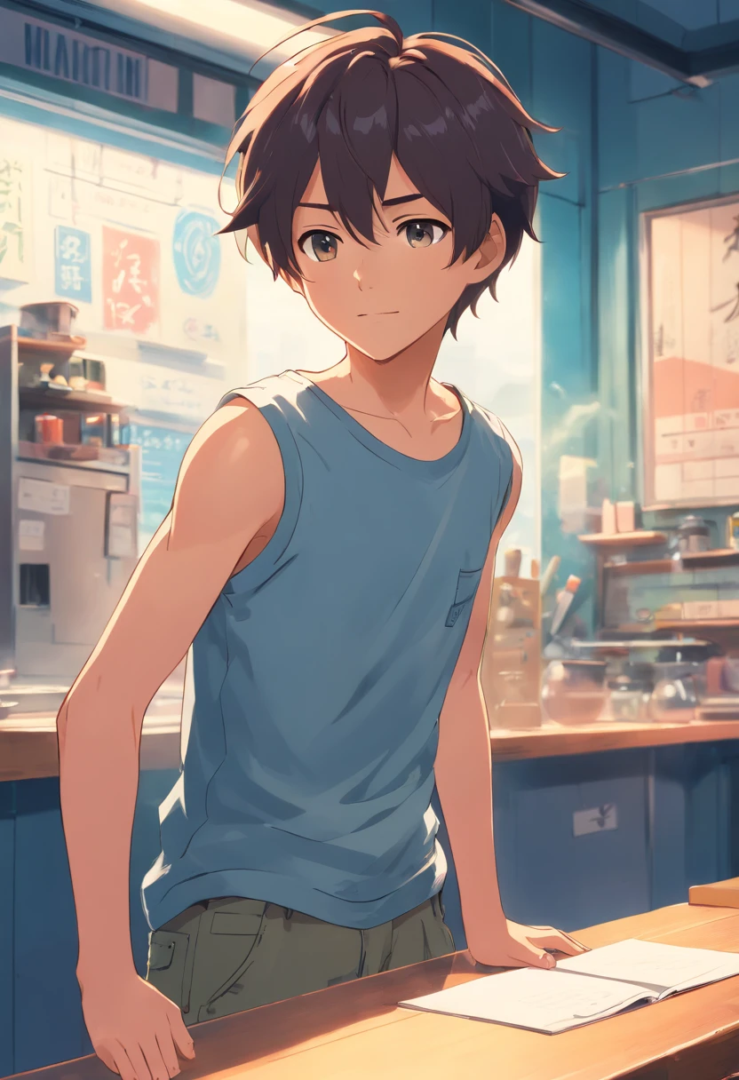 highres,Masterpiece,Best quality at best,Best Quality,high quality,high detail,boys,(small child) 1 boy,slim body,sleeveless shirt,tattoo on upper arm