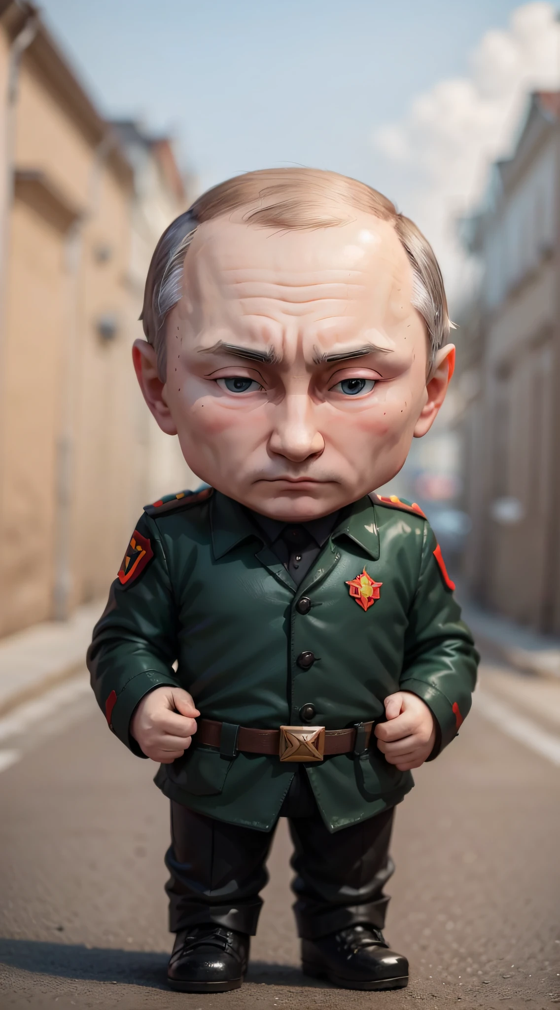 valdimir putin, as a funko pop toy, miniature, cute, disney style, minimalist style, chibi, russian street in the background, detalied face, detailed hands