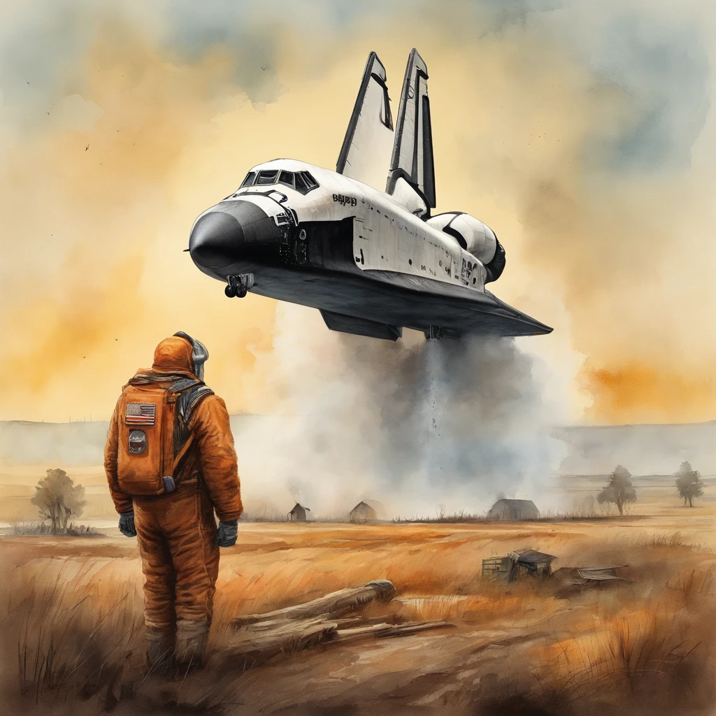 The space shuttle in the field is rusty, Landscape Village, People Standing, Photorealistic, Simon Stalenhag's style