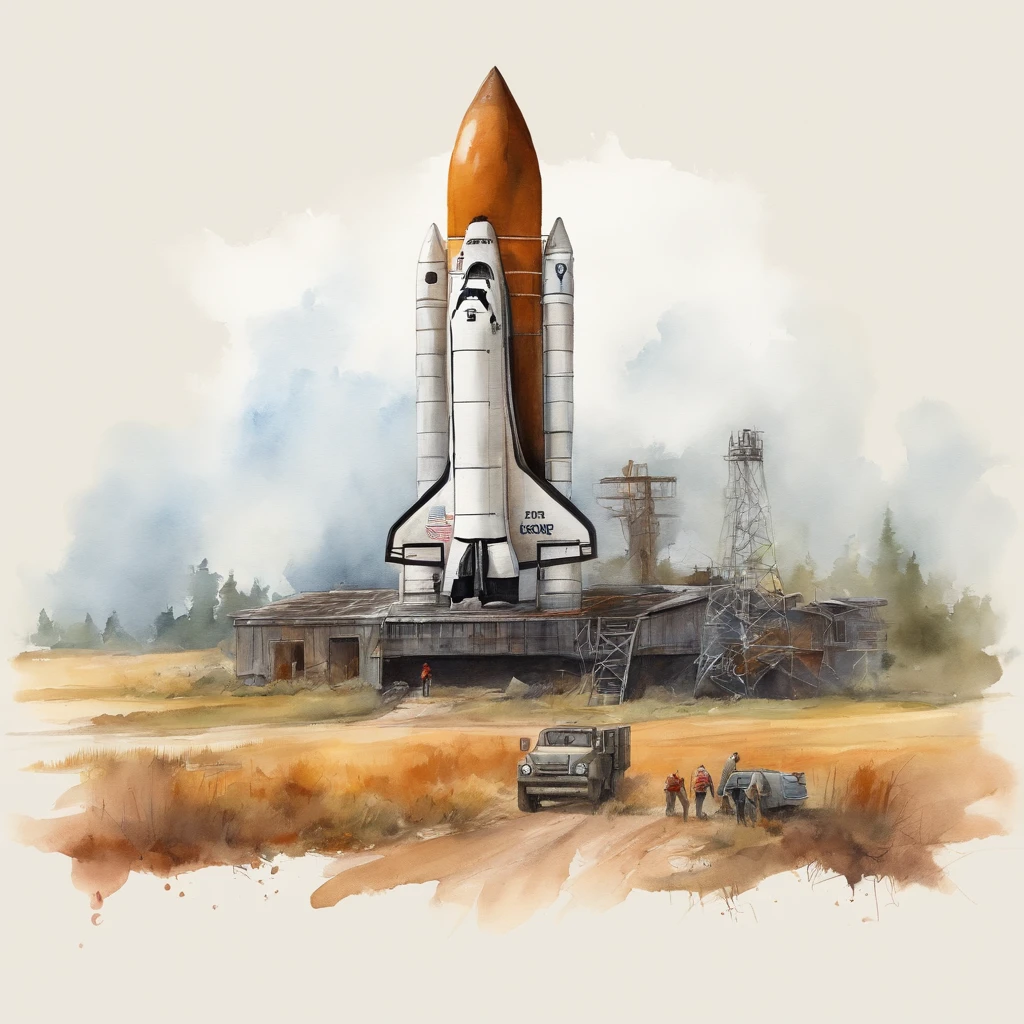 The space shuttle in the field is rusty, Landscape Village, People Standing, Photorealistic, Simon Stalenhag's style