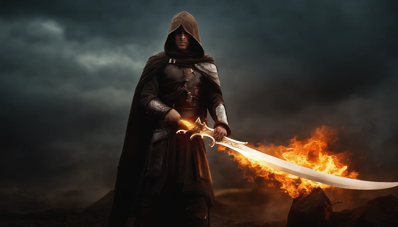 Realistic, Anjo com asas grandes, A espada, Vestindo chamas,Hood on head in war background image (O Caos), corpo inteiro, Flare behind,