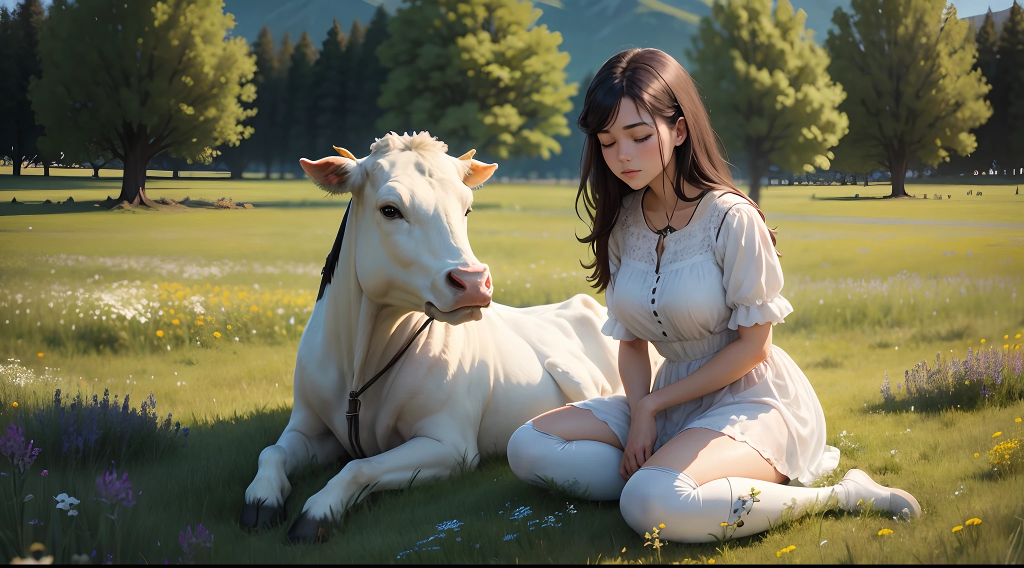 "A serene meadow with wildflowers and a gentle-eyed Holstein cow named Clara."