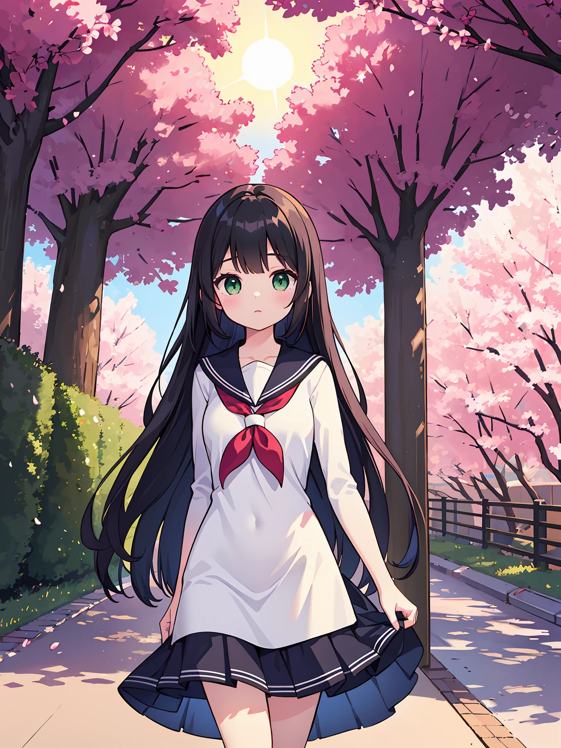 (masterpiece), (best quality), beautiful illustration, 1girl, long black hair, green eyes, girl standing under a cherry blossom tree, morning, sun, sailor form