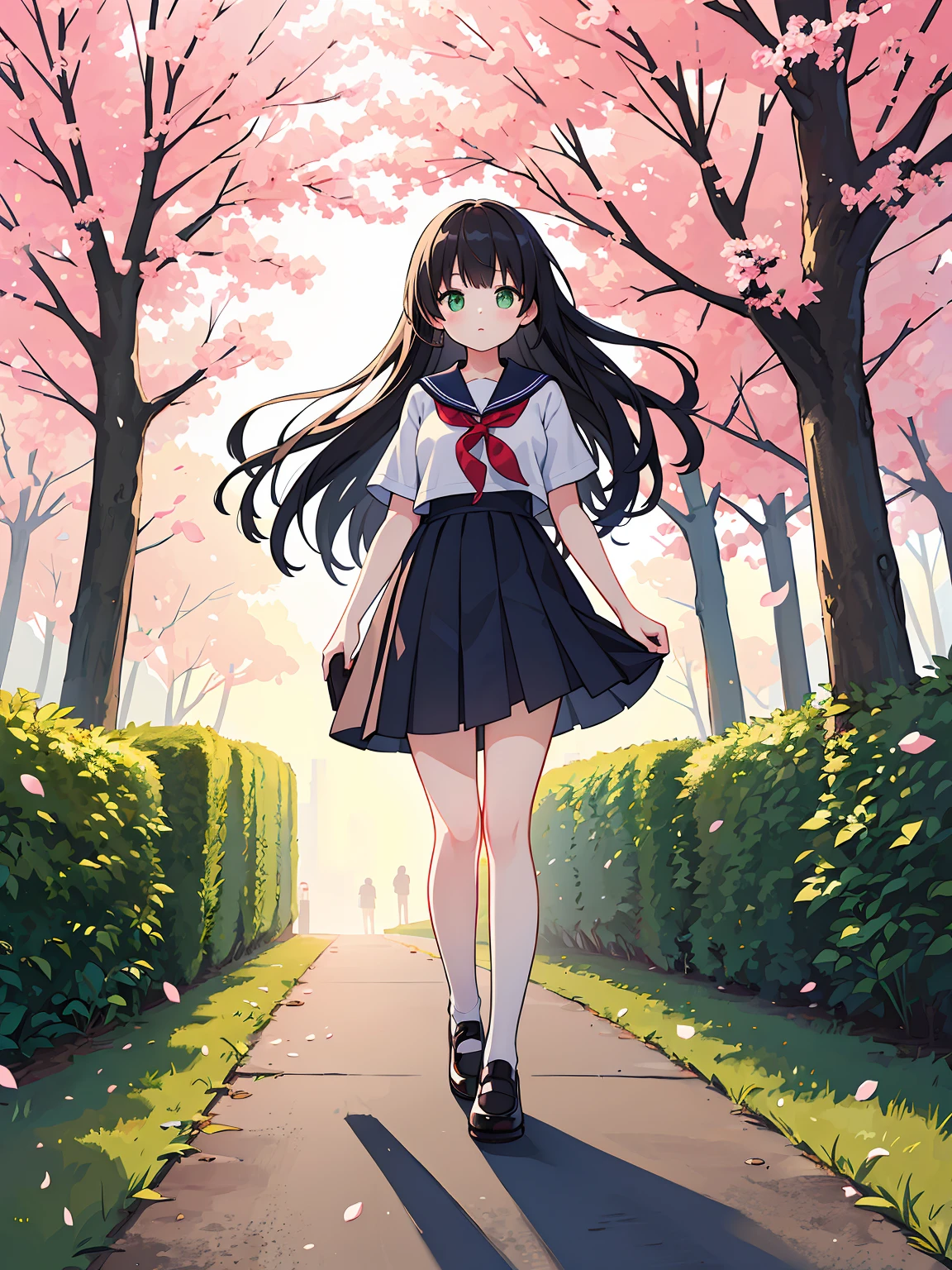 (masterpiece), (best quality), beautiful illustration, 1girl, long black hair, green eyes, girl standing under a cherry blossom tree, morning, sun, sailor form