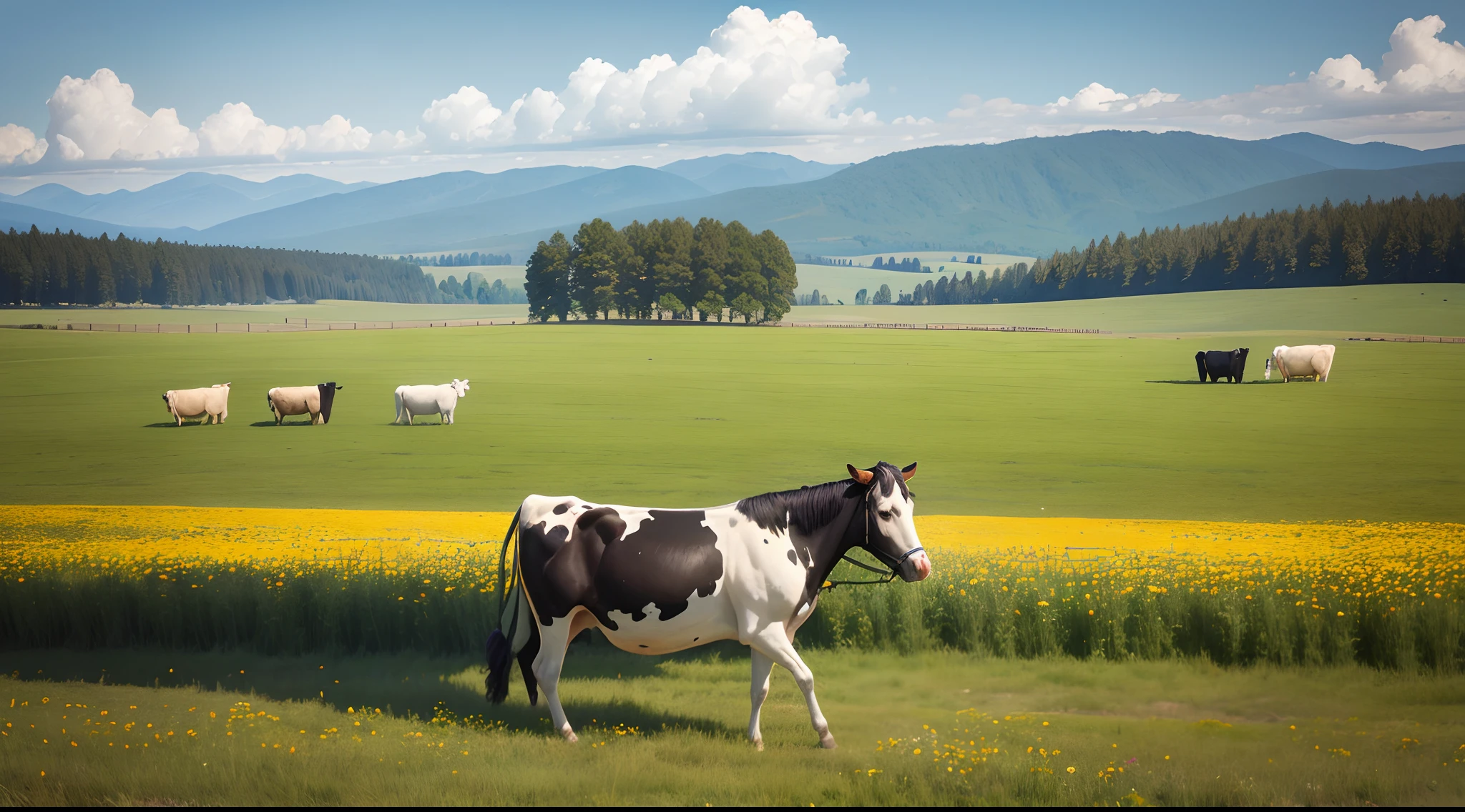 "A serene meadow with wildflowers and a gentle-eyed Holstein cow named Clara."