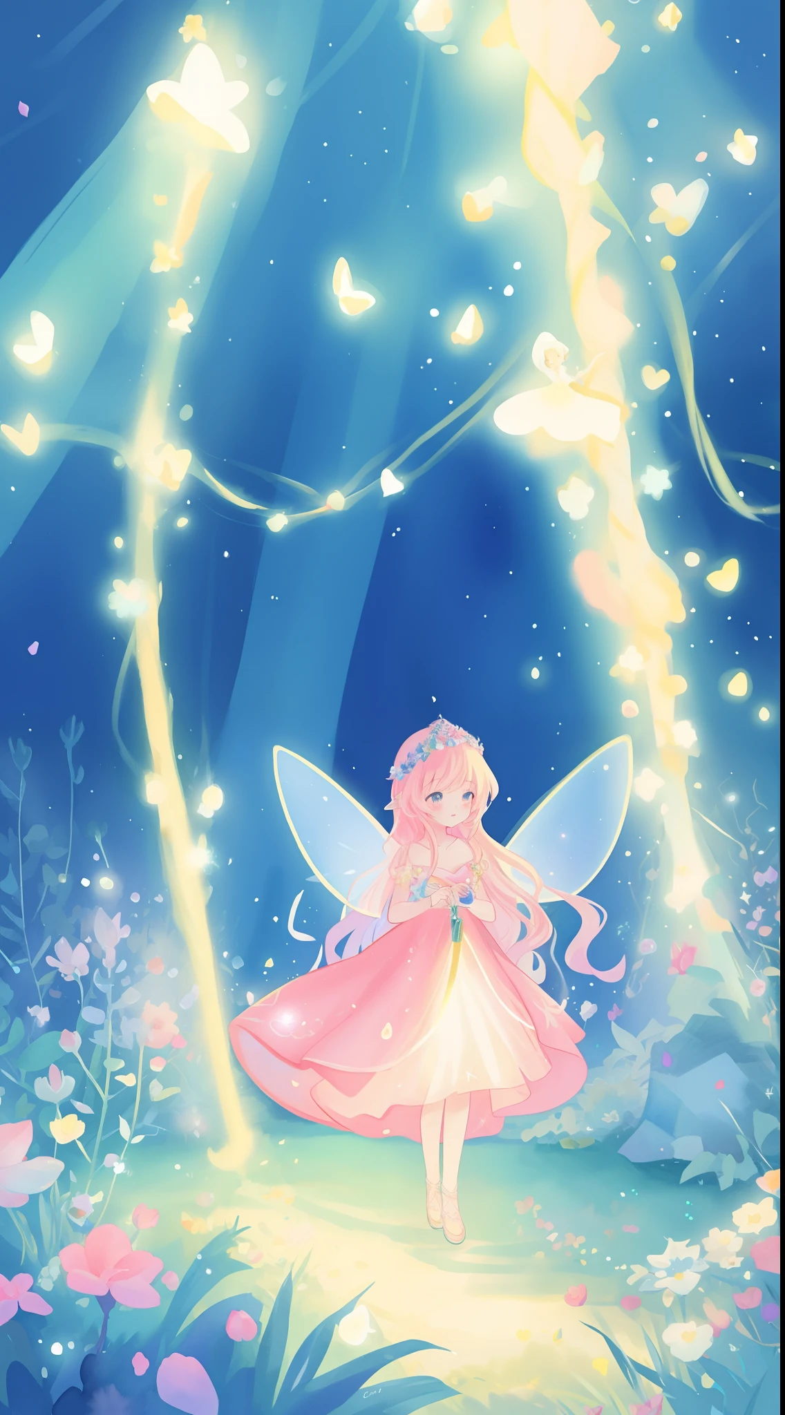beautiful girl in fairy dress made of flower petals, beautiful fairy queen surrounded by colorful tiny pixies and fairies, glowing tiny fairies, (glowing fairy wings), glowing flowing ballgown, long wavy hair, sparkling fairy wings, watercolor illustration, flowers and colorful plants, inspired by Glen Keane, inspired by Lois van Baarle, disney art style, by Lois van Baarle, glowing aura around her, by Glen Keane, jen bartel, glowing lights! digital painting, flowing glowing hair, glowing flowing hair, beautiful digital illustration, fantasia otherworldly landscape plants flowers, beautiful, masterpiece, best quality, anime disney style