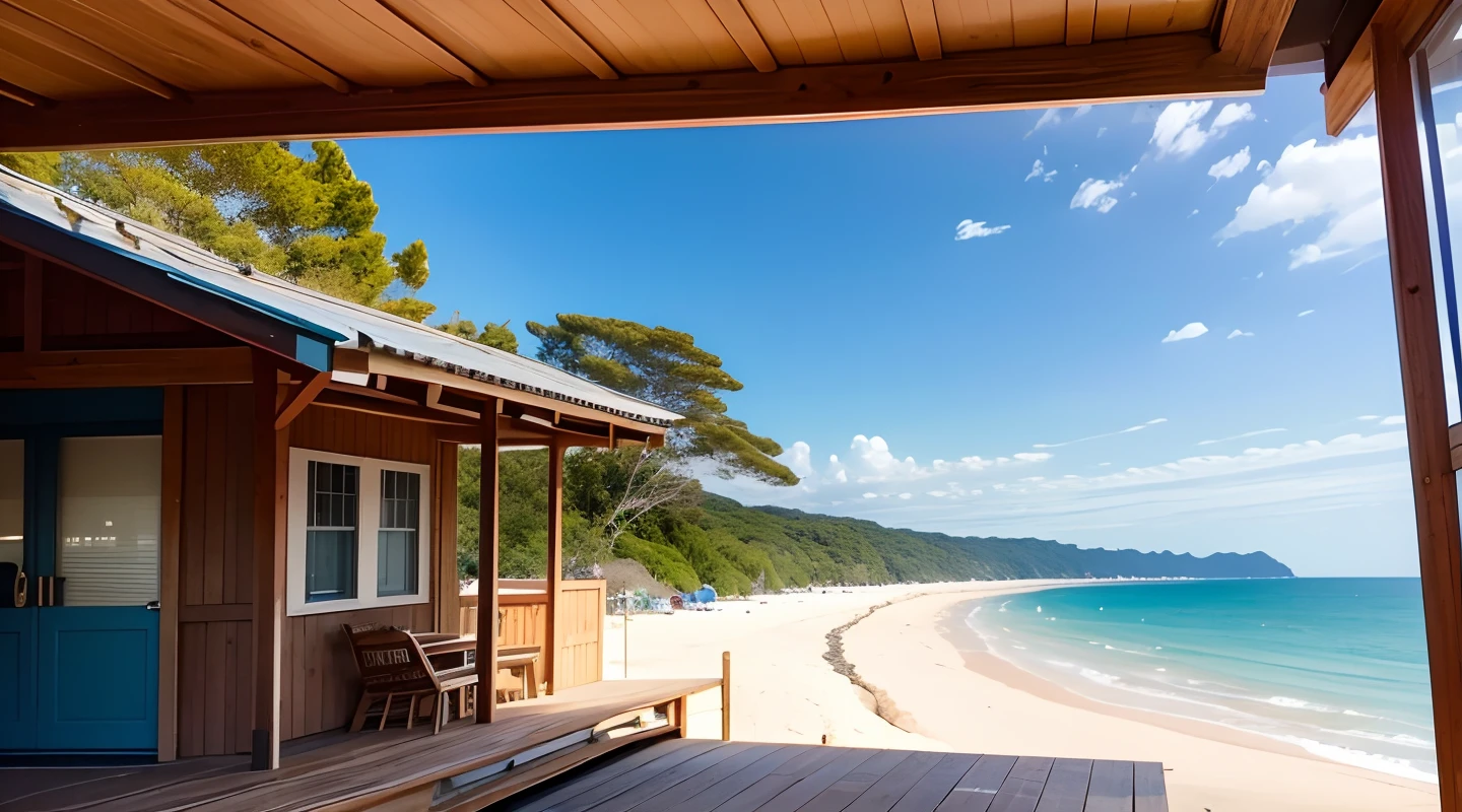 High-definition photos、photos realistic、Seaside campsites、outside of house、Beautiful sandy beaches、Warm sunshine、Wooden Decking、I see people strolling on the beach in the distance、Clear blue sea、Fun atmosphere、Beautiful Landscapes、Makes you want to go and see。
