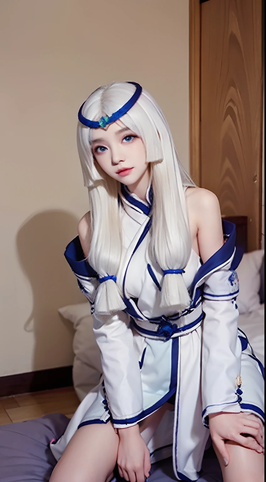 Kagura mobile legends , long white hair, blue eyes,   ,Naked  in the bedroom, solo, looking at viewer, Cum in pussy