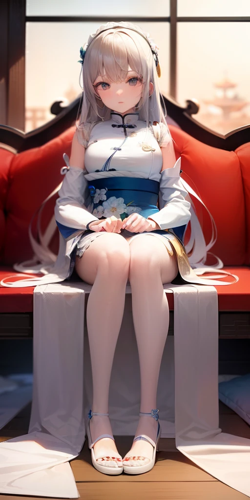 ((Best quality)), ((Masterpiece)), ((Ultra-detailed)), (illustration), (Detailed light), (An extremely delicate and beautiful),A charming young girl,long  white hair,Blue sky,(Chinese Garden),Silky footjob