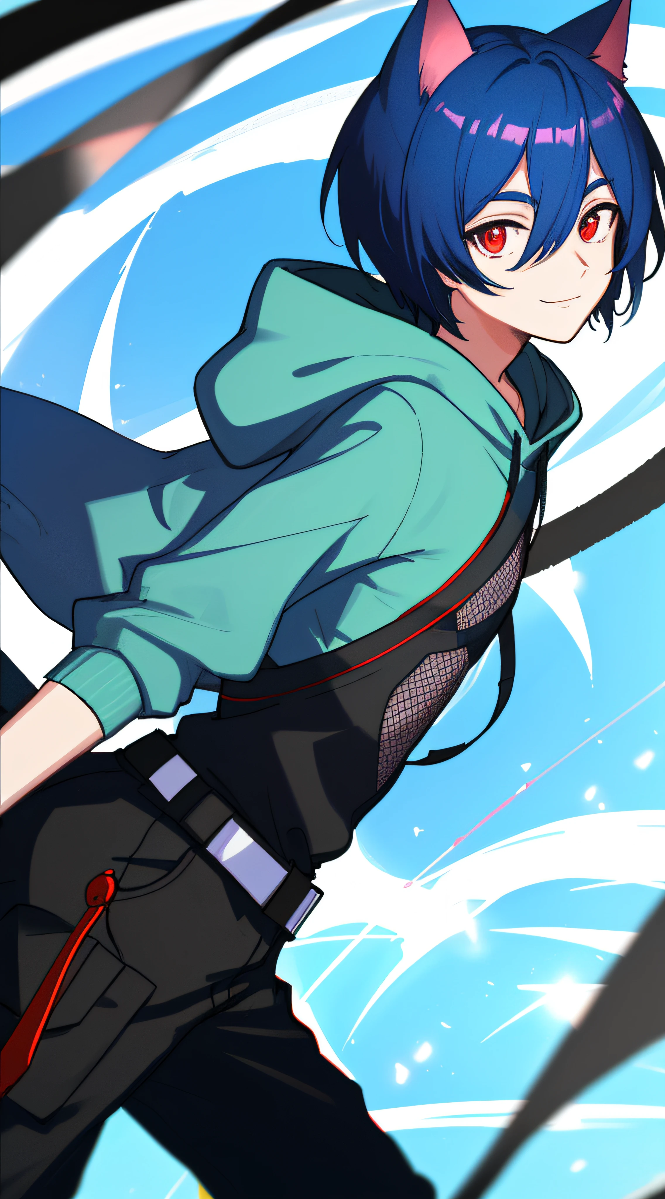 Colorful, hiquality, Sharp, Autofocus, looking a viewer, 1boy in, Cool, a handsome, red eyes, Cat's ears, Evil smile, Blue-black mesh hair, short-cut, pixie cut, hair above the eyes, Hair between the eyes, In a white hooded sweatshirt, All, Cinematic, particles of light, better shadow, ray tracking, Extremely detailed、Mid, (small boobs), tmasterpiece, male, Flat Breast, (Low angle)