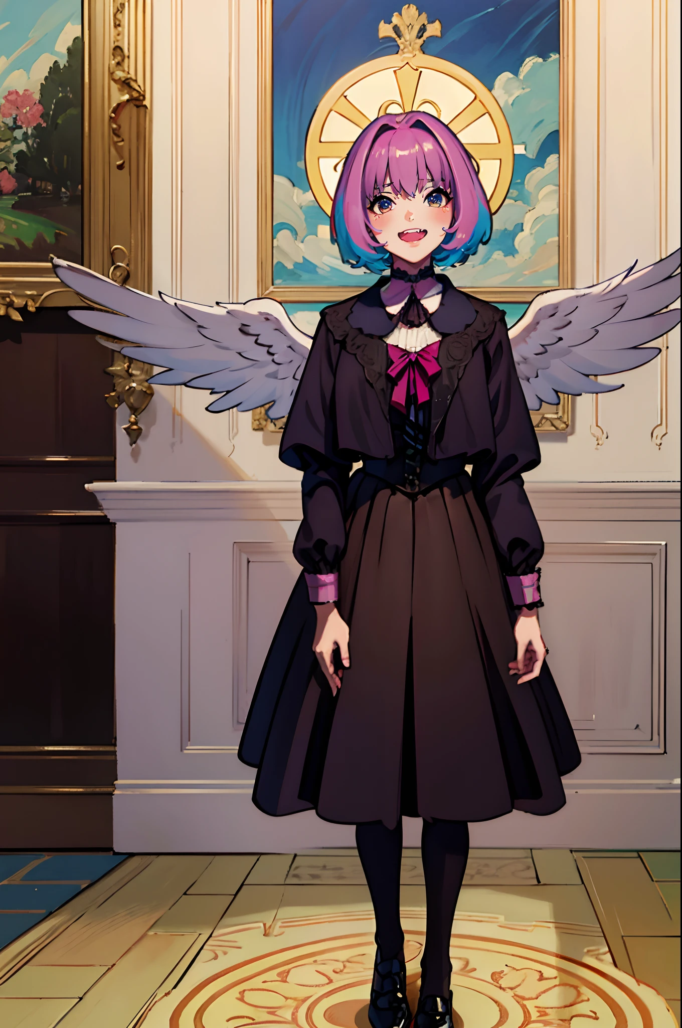 (best quality,masterpiece:1.2),intricate details,beautiful detailed eyes,beautiful detailed lips,extremely detailed eyes and face,longeyelashes,riamu, modeseven,super curvy,comic style,vibrant colors,standing,innocent, full body, standing, smile, princess dress, noble clothing, holy angel magicalgirl, open mouth fang, holy haura, halo, smile, joyfull, paladin, staff holding, blessed, holy haura, long skirt, (best quality, masterpiece:1.2), ultra-detailed, (, 1.37), portraits, vivid colors, warm tones, sharpteeth open mouth, smile, soft lighting, Renaissance, Neoclassicism, interior architecture, rococo style, Art Deco, high detail, American propaganda poster, Baroque, Contemporary art, Constructivism, Dutch Golden Age painting, Northern Renaissance, Monet, Luminism, Ghibli-like colours, Classicism, Art Nouveau, anime style, Post-Impressionism, Pixar, Verism, pre-rephaëlite painting, Fujicolor, ray tracing, 4k, 8k, highres, best quality, highres, 1080P, HD, 4K, 8k, award winning, high details, textured skin, ccurate, masterpiece, retina, UHD, anatomically correct, super detail, textured skin, 16k