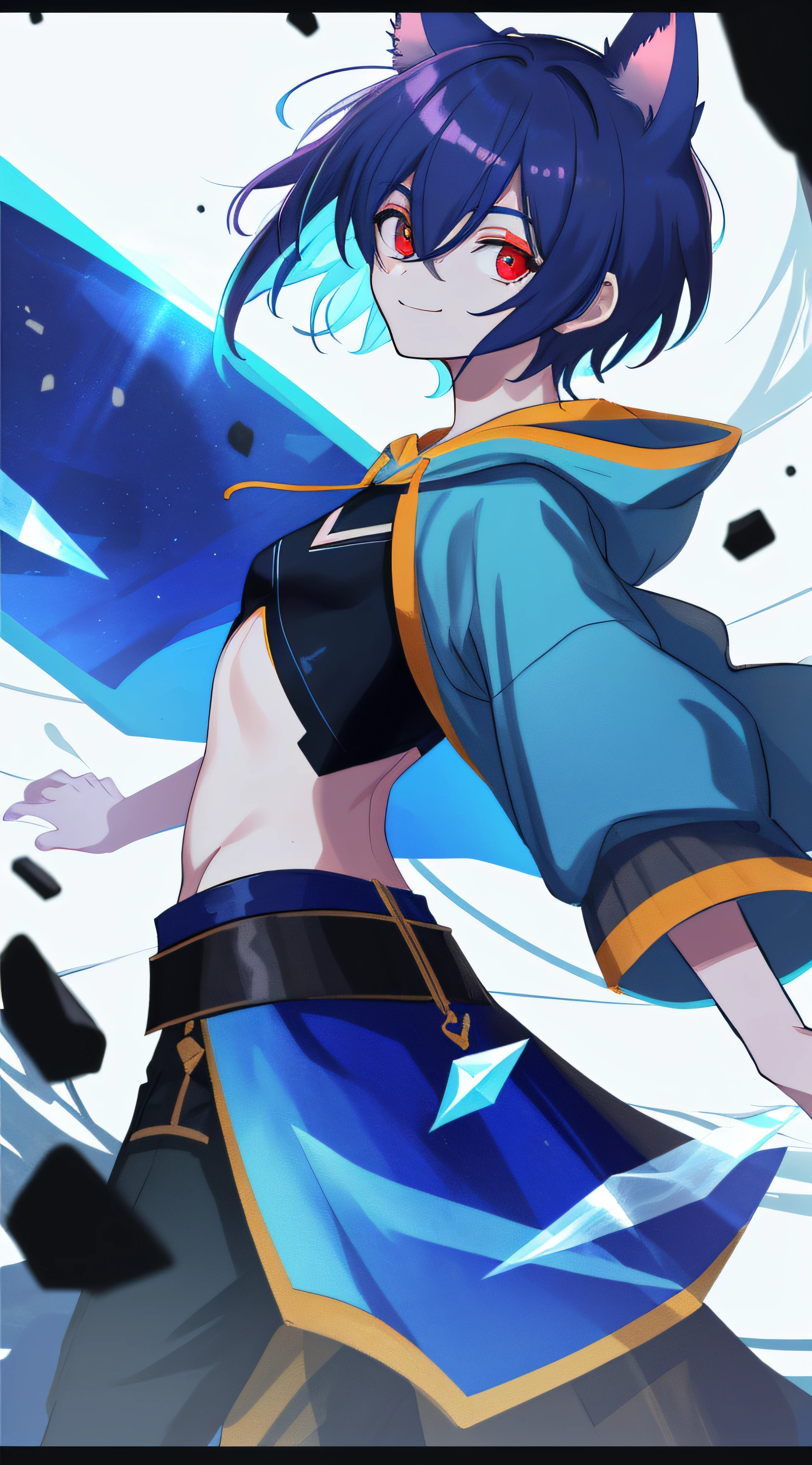 Colorful, hiquality, Sharp, Autofocus, looking a viewer, 1boy in, Cool, a handsome, red eyes, Cat's ears, Evil smile, Blue-black mesh hair, short-cut, pixie cut, hair above the eyes, Hair between the eyes, In a white hooded sweatshirt, All, Cinematic, particles of light, better shadow, ray tracking, Extremely detailed、Mid, (small boobs), tmasterpiece, male, Flat Breast, (Low angle)