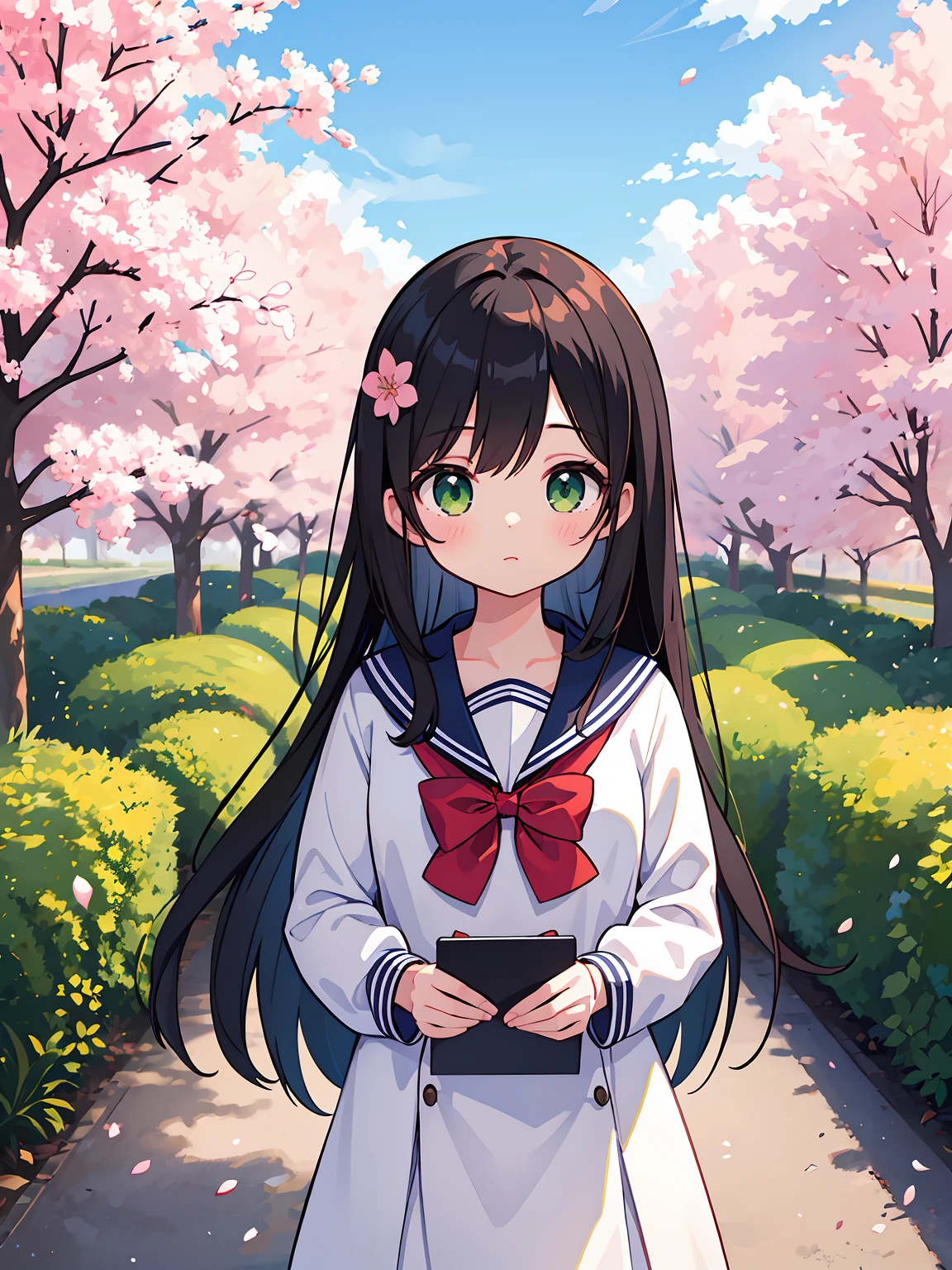 (masterpiece), (best quality), beautiful illustration, 1girl, long black hair, green eyes, girl standing under a cherry blossom tree, morning, sun, sailor form