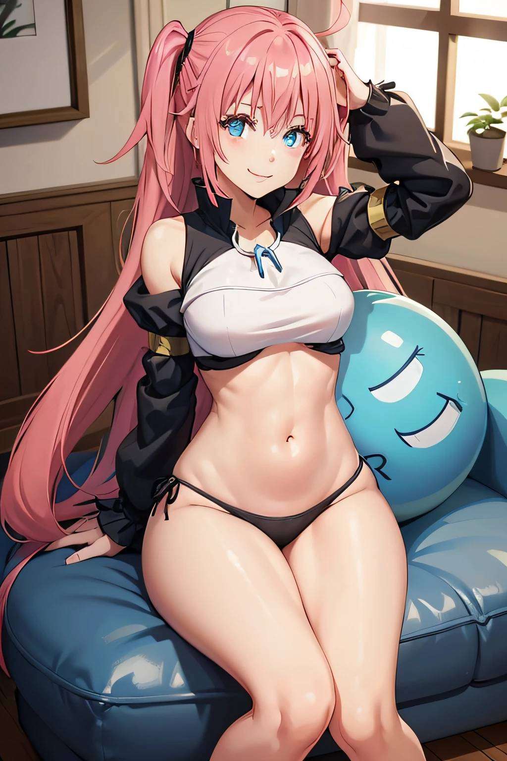 1Female、When I was reincarnated, I was a slime character（child）、masterpiece、superior quality、precise、animesque、child Demon King、Aimei、beautiful blue eyes and detailed、Pink hair、two-tailed、Proud double tails, very short black bikini 、Average breasts、True to the original、((barefoot)), muscular belly, beautiful muscular legs, Thick legs, (Smile), in the bedroom, sitting on the chair with the leg crossed