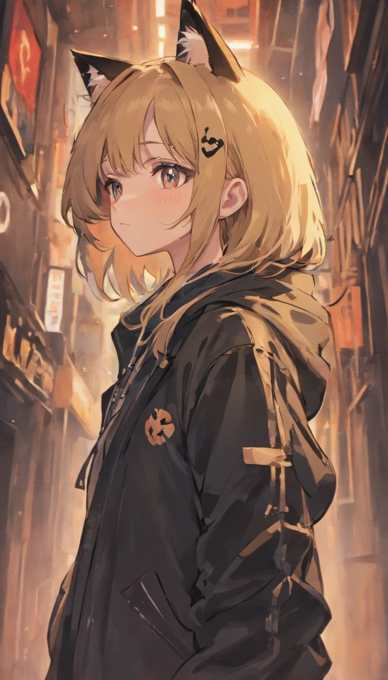 Girl with dirty blonde hair and a black jacket with cat ears on the hood