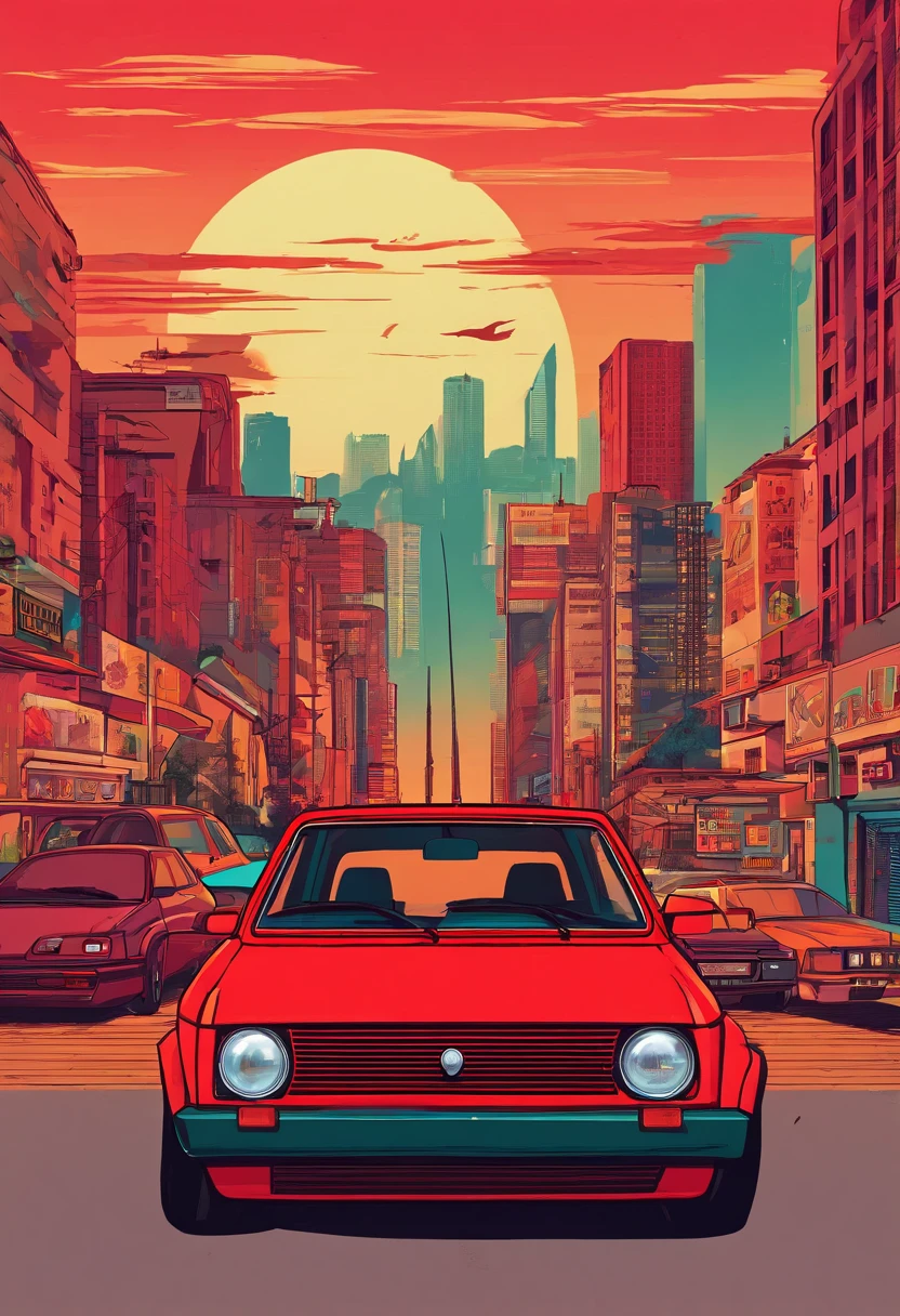 Red Yugo 45 Zastava car, with square headlights, small Y logo, in city