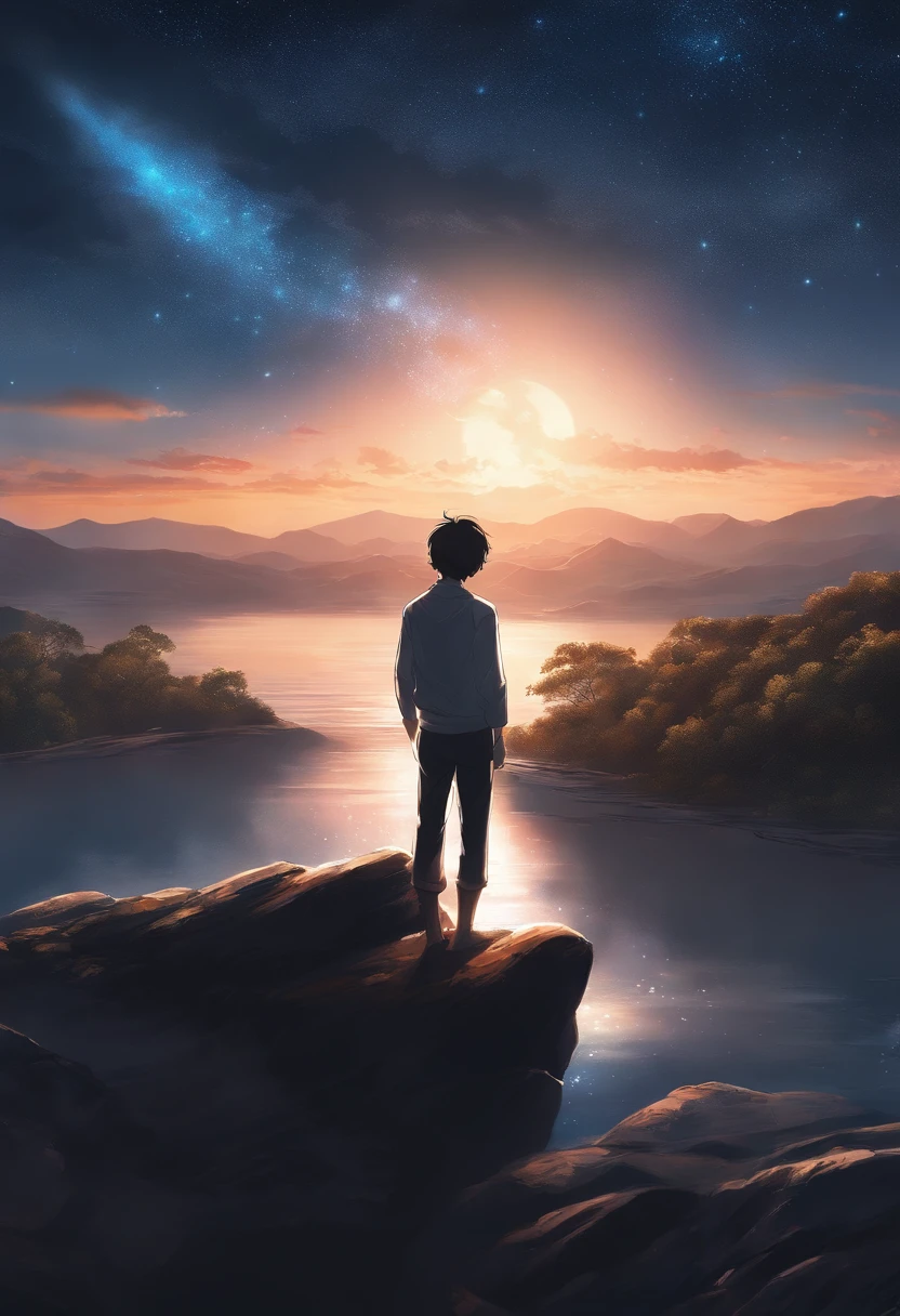 anime boy standing on a rock looking at a star filled sky, makoto shinkai cyril rolando, anime art wallpaper 4k, anime art wallpaper 4 k, anime art wallpaper 8 k, cosmic skies. by makoto shinkai, inspired by Cyril Rolando, in the style dan mumford artwork, amazing wallpaper, by Yuumei, white hair