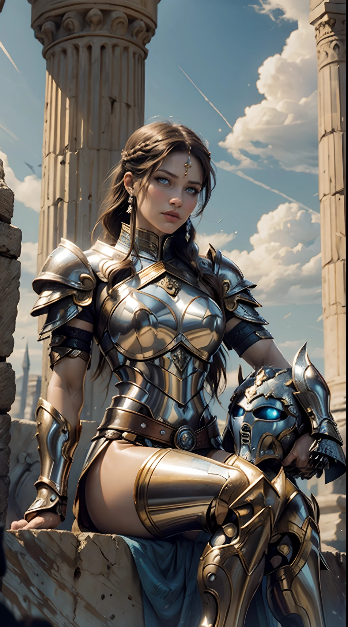 (Best Quality), (Queen of Sparta, Long Brown Braid, athletic, beatiful face, Clear blue eyes), Sitting on a marble column,anatomically correct, Spartan armor, in an ancient city, bright sunny day