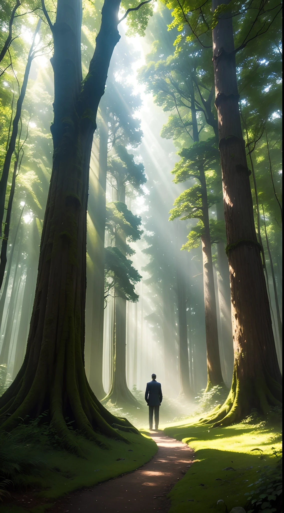 Create a picturesque scene of a solitary man standing in the heart of a lush, serene forest. The towering trees, cloaked in vibrant shades of green, form a natural canopy above, casting dappled sunlight on the forest floor. The man is surrounded by a carpet of moss, wildflowers, and scattered leaves. Rays of soft sunlight filter through the foliage, illuminating the peaceful ambiance. The man stands tall, a figure of solitude and contemplation amidst the tranquil beauty of nature