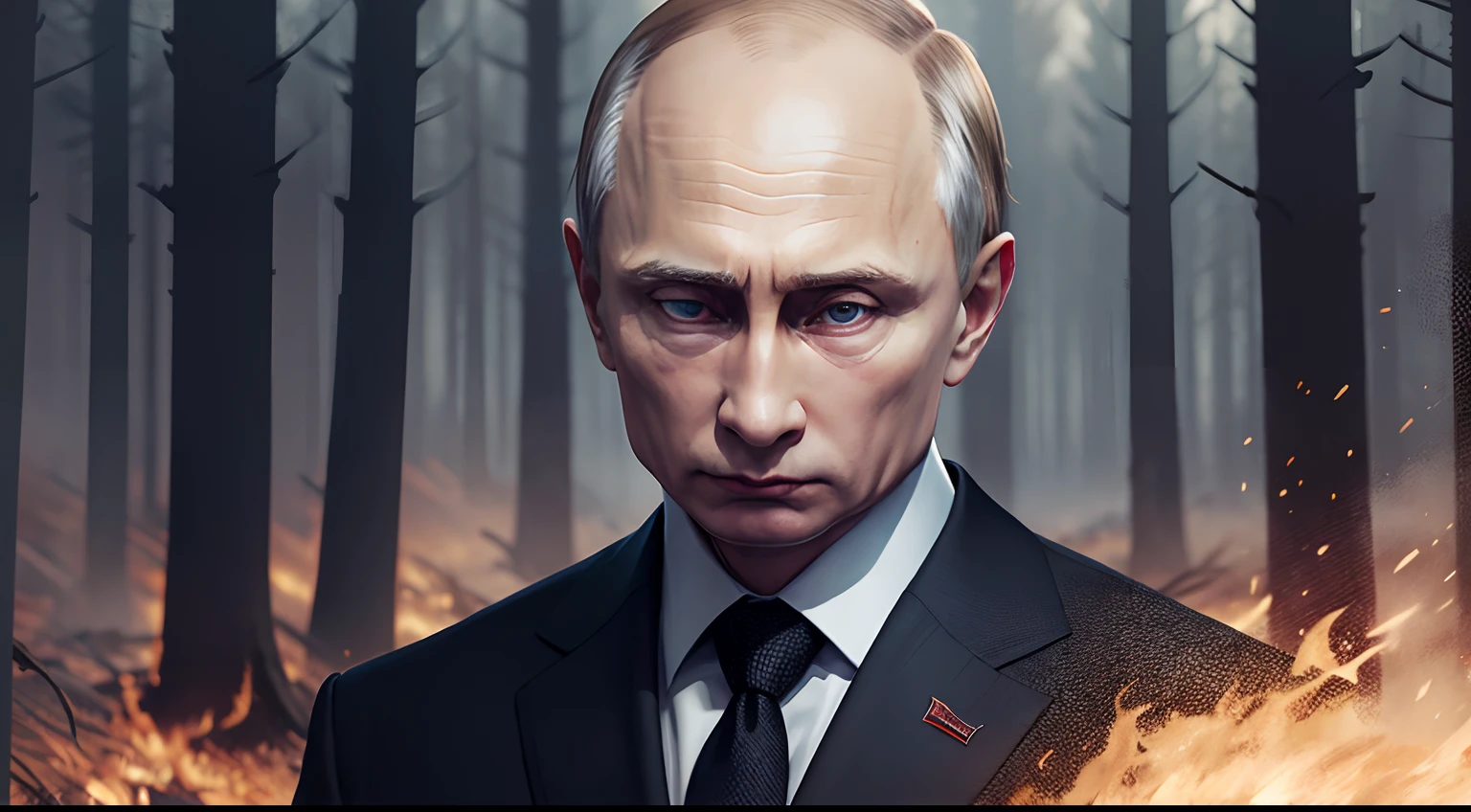 President Putin wore a suit with an evil expression in the middle of a clearing in a burning forest