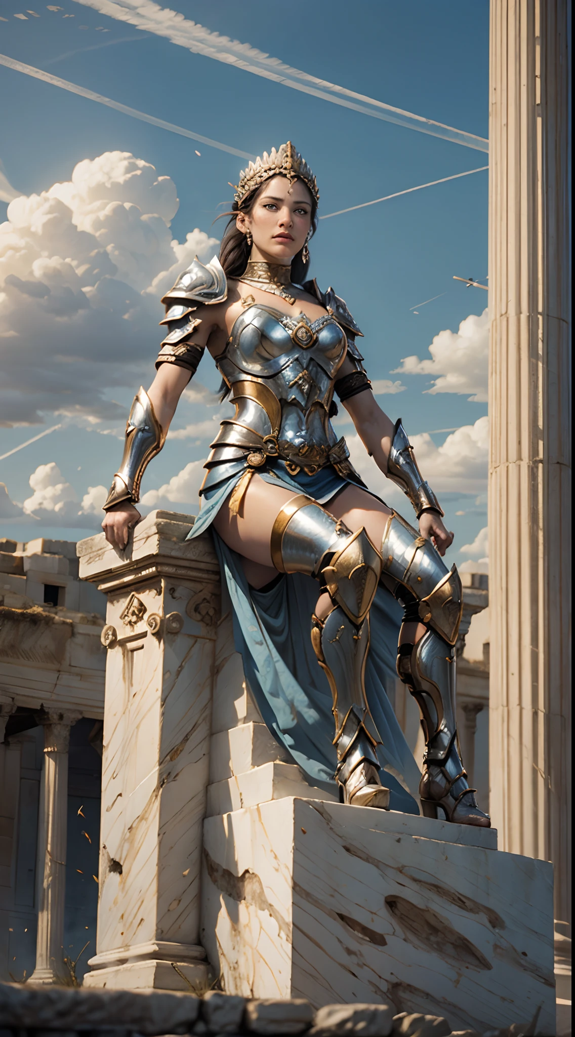 (Best Quality), (Queen of Sparta, Long Brown Braid, athletic, beatiful face, Clear blue eyes), Sitting on a marble column,anatomically correct, Spartan armor, in an ancient city, bright sunny day