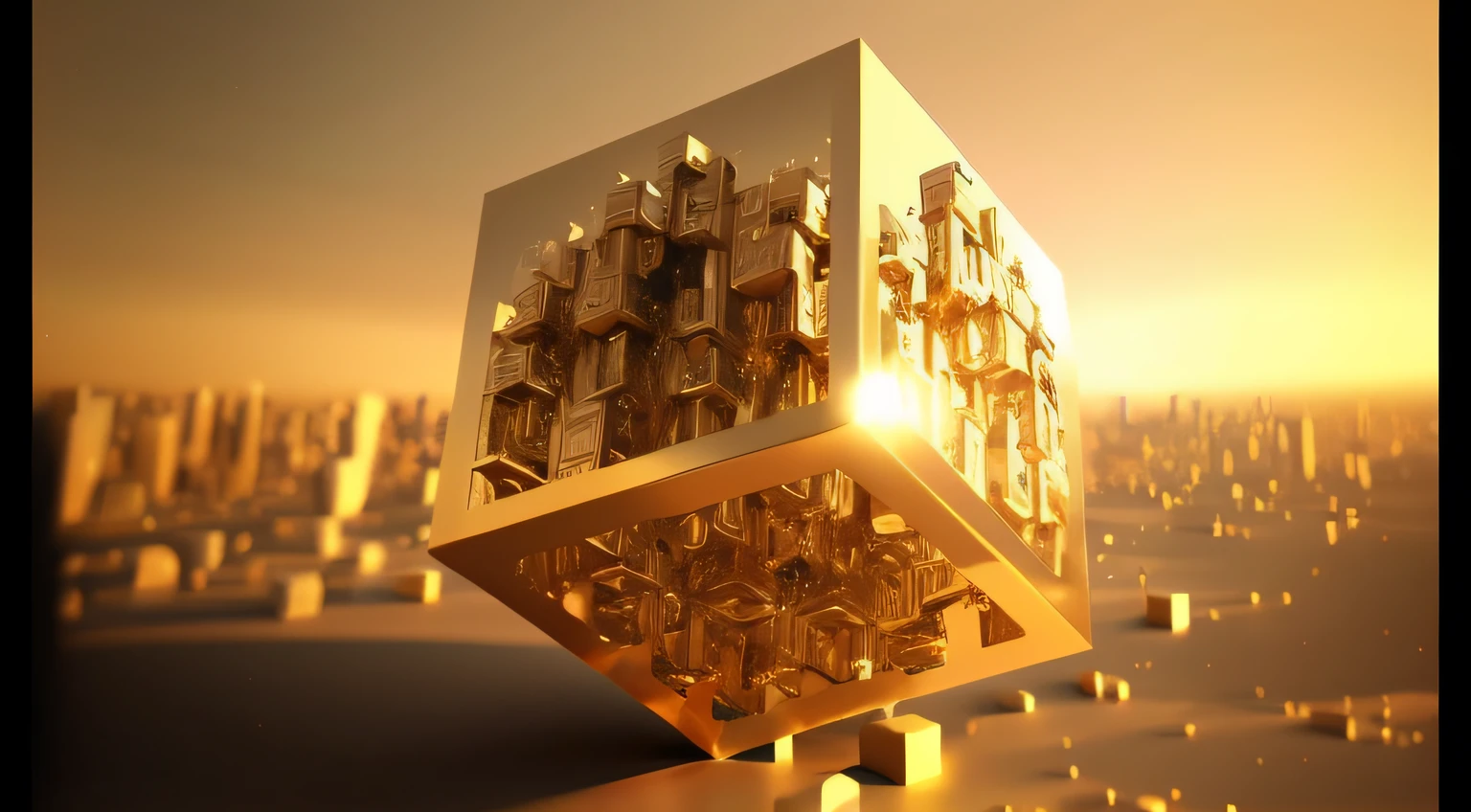um close up de um cubo dourado com uma cidade ao fundo, Bordas e fractais dourados, cubo-futurismo, cubo - futurismo, arte digital, arte digital, metais preciosos futuristas, Mandelbulb 3 D buildings, solid cube of light, geometric 3d render, geometric 3 d render, escultura feita de ouro, detalhes do fractal de ouro, metal dourado