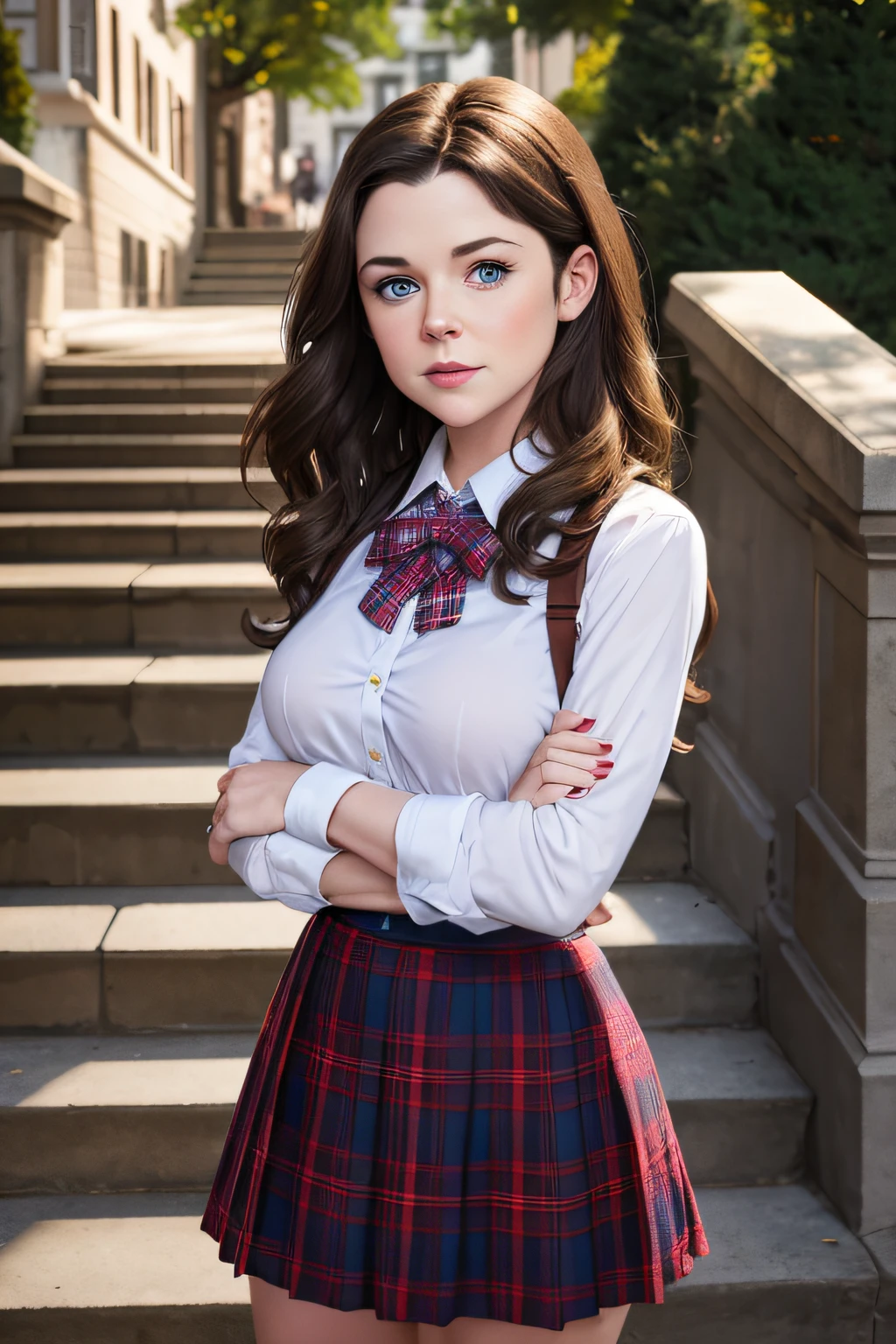 Lorelei Gilmore from Gilmore Girls standing at the top of stone stairs with her arms crossed. shes wearing a very short plaid skirt like a girl. she has a massive bust barely contained by her white cotton shirt