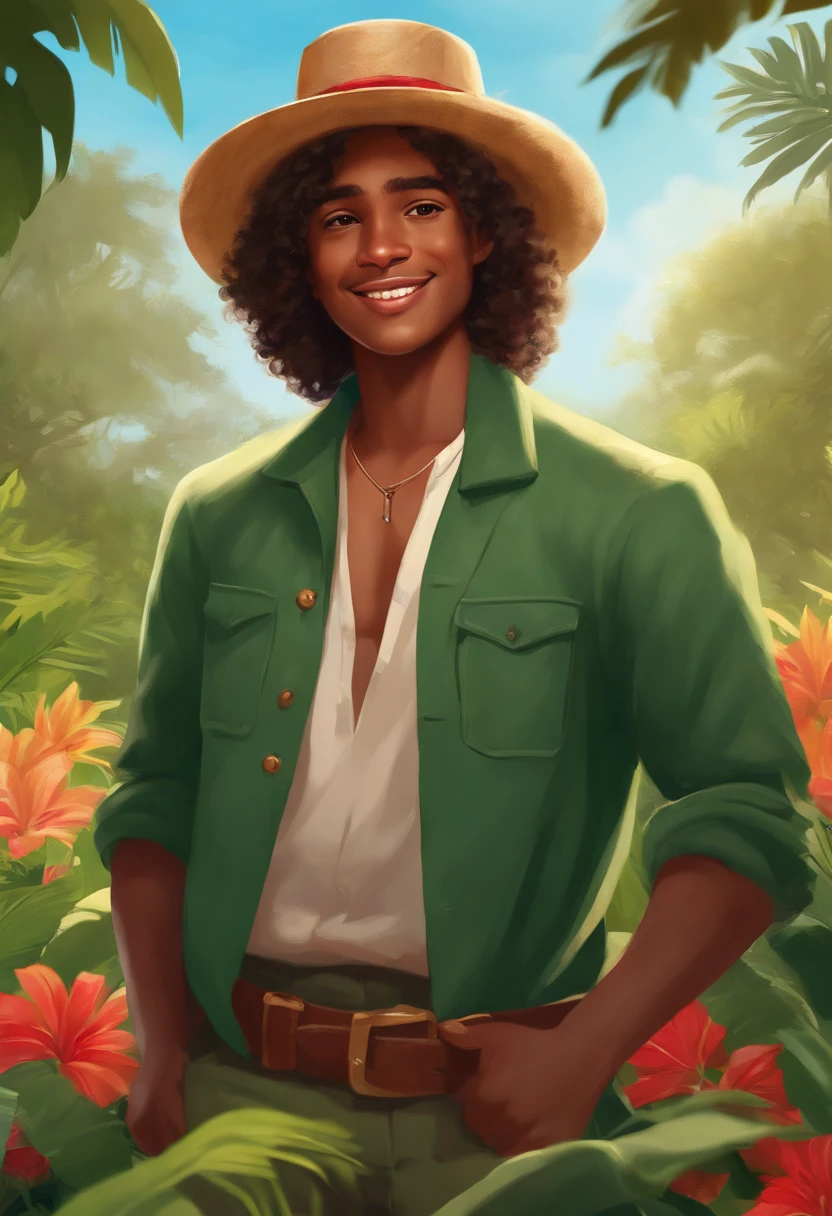 a boy wearing a green coat and a straw hat,long curly hair,sharp eyes,brown skin,smiling,standing in a beautiful garden surrounded by blooming flowers and lush green plants,a red bandana wrapped around his neck,holding a wooden sword,daytime lighting,photorealistic style,high-resolution image,vibrant colors,rays of sunlight filtering through the trees,soft shadows,tropical atmosphere,expertly painted illustration.