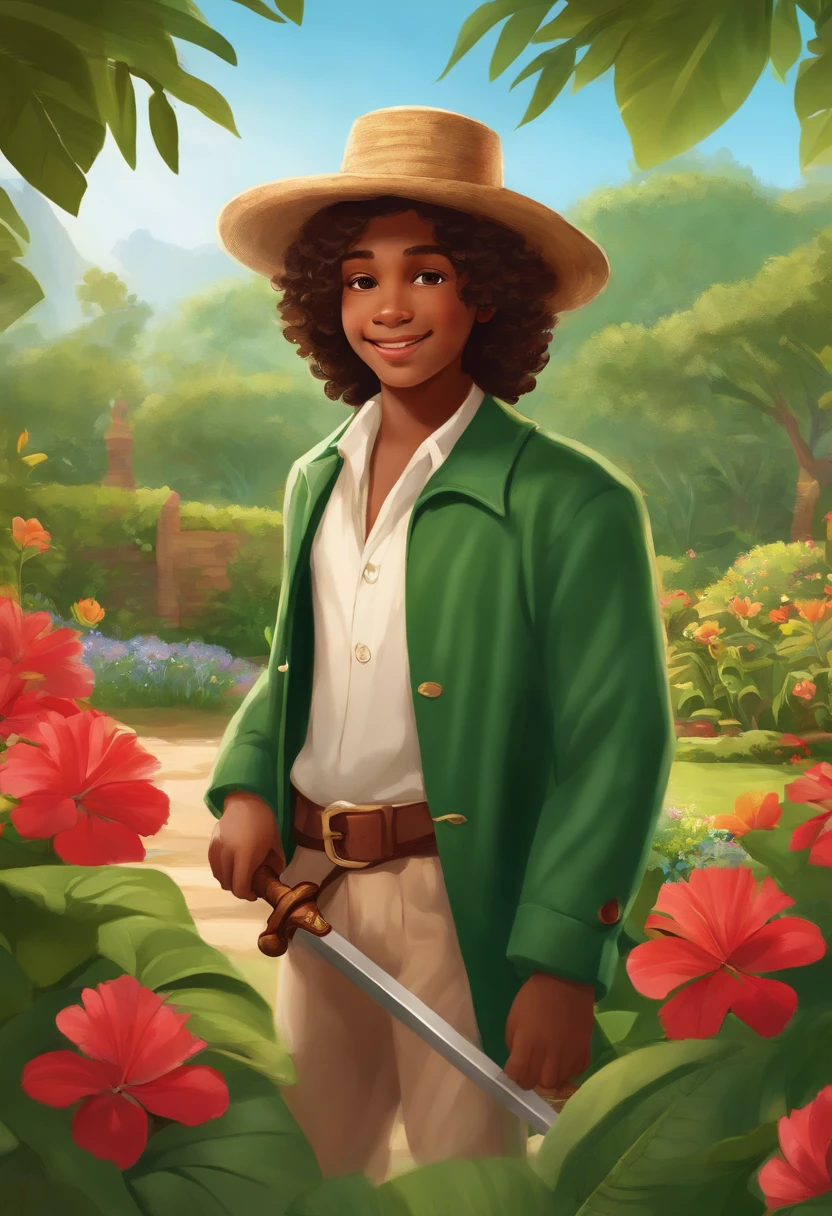 a boy wearing a green coat and a straw hat,long curly hair,sharp eyes,brown skin,smiling,standing in a beautiful garden surrounded by blooming flowers and lush green plants,a red bandana wrapped around his neck,holding a wooden sword,daytime lighting,photorealistic style,high-resolution image,vibrant colors,rays of sunlight filtering through the trees,soft shadows,tropical atmosphere,expertly painted illustration.