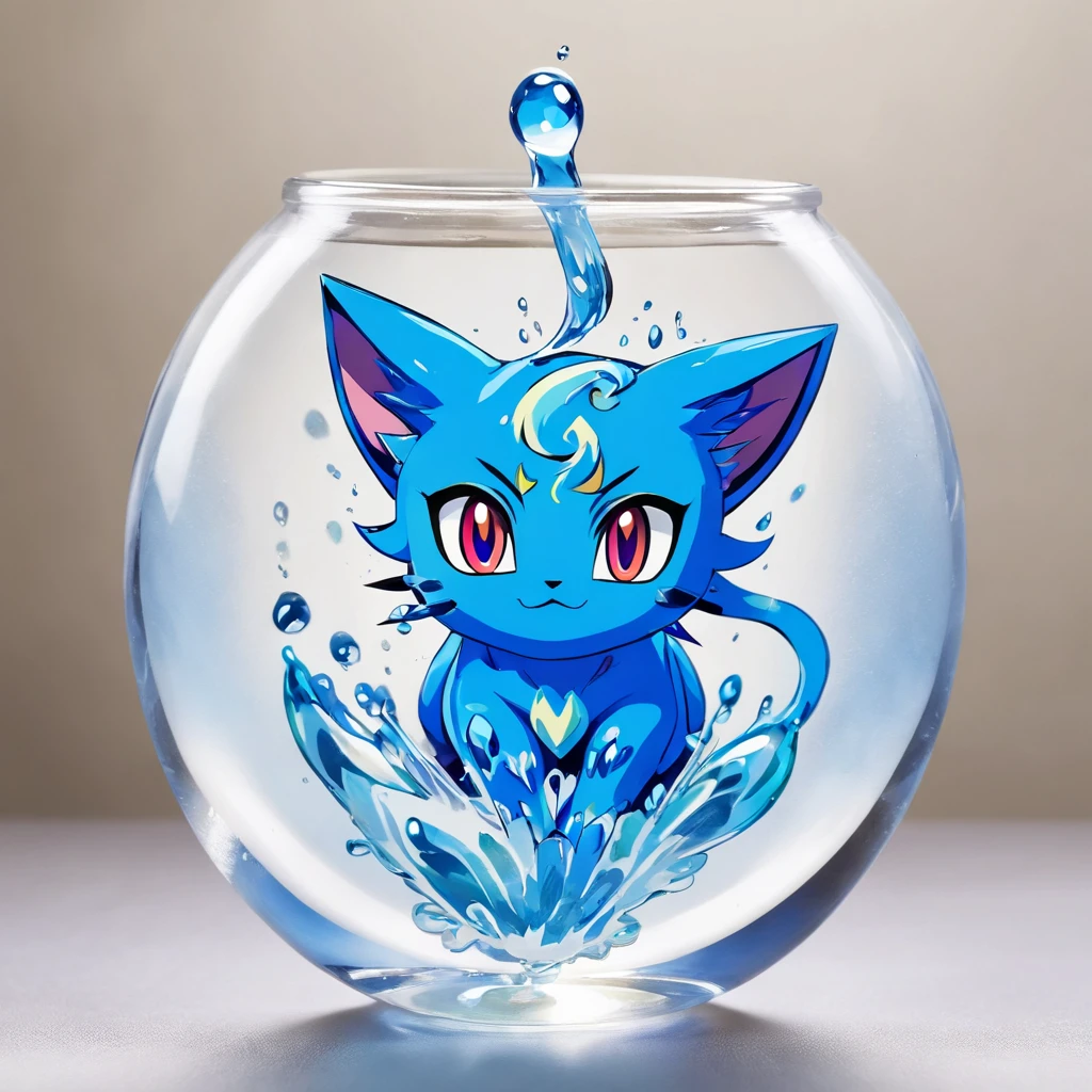 Mew made of water slime, vivid light blue and blue, dripping with water and slime, masterpiece, best quality