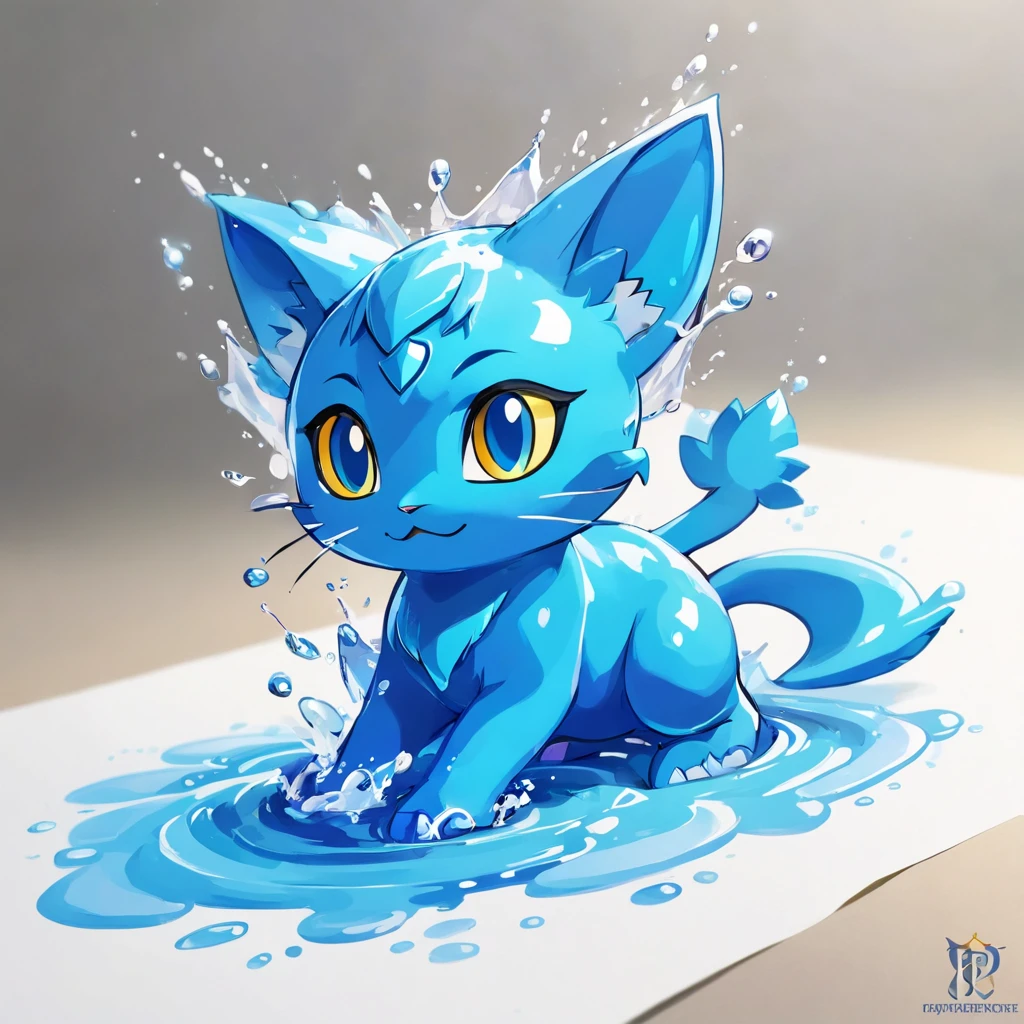 Mew made of water slime, vivid light blue and blue, dripping with water and slime, masterpiece, best quality