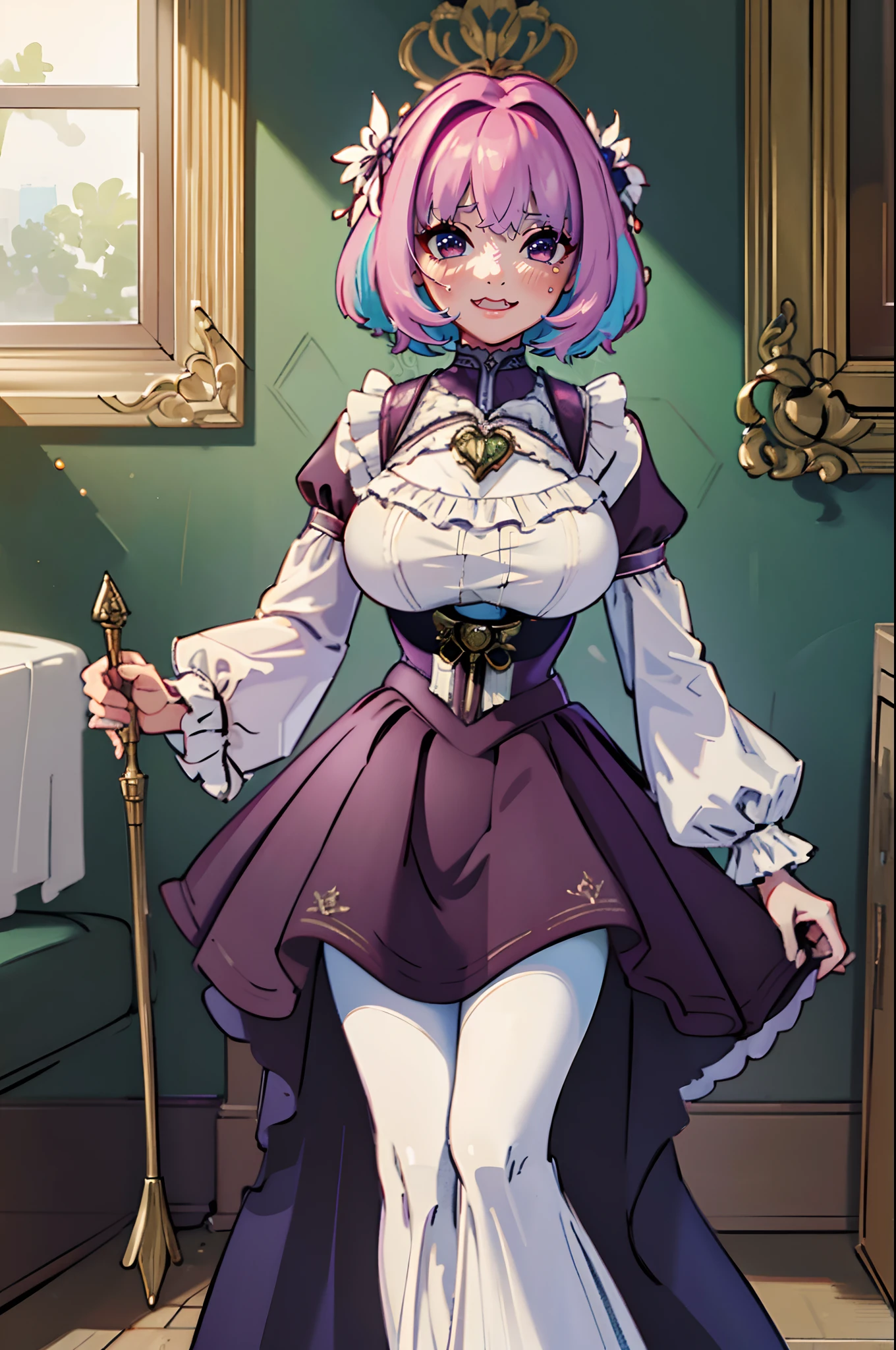 (best quality,masterpiece:1.2),intricate details,beautiful detailed eyes,beautiful detailed lips,extremely detailed eyes and face,longeyelashes,riamu, modeseven,super curvy,comic style,vibrant colors,standing,innocent, full body, standing, smile, princess dress, noble clothing, holy angel magicalgirl, open mouth fang, holy haura, halo, smile, joyfull, paladin, staff holding, blessed, holy haura, long skirt, (best quality, masterpiece:1.2), ultra-detailed, (, 1.37), portraits, vivid colors, warm tones, sharpteeth open mouth, smile, soft lighting, Renaissance, Neoclassicism, interior architecture, rococo style, Art Deco, high detail, American propaganda poster, Baroque, Contemporary art, Constructivism, Dutch Golden Age painting, Northern Renaissance, Monet, Luminism, Ghibli-like colours, Classicism, Art Nouveau, anime style, Post-Impressionism, Pixar, Verism, pre-rephaëlite painting, Fujicolor, ray tracing, 4k, 8k, highres, best quality, highres, 1080P, HD, 4K, 8k, award winning, high details, textured skin, ccurate, masterpiece, retina, UHD, anatomically correct, super detail, textured skin, 16k, huge breast, curvy