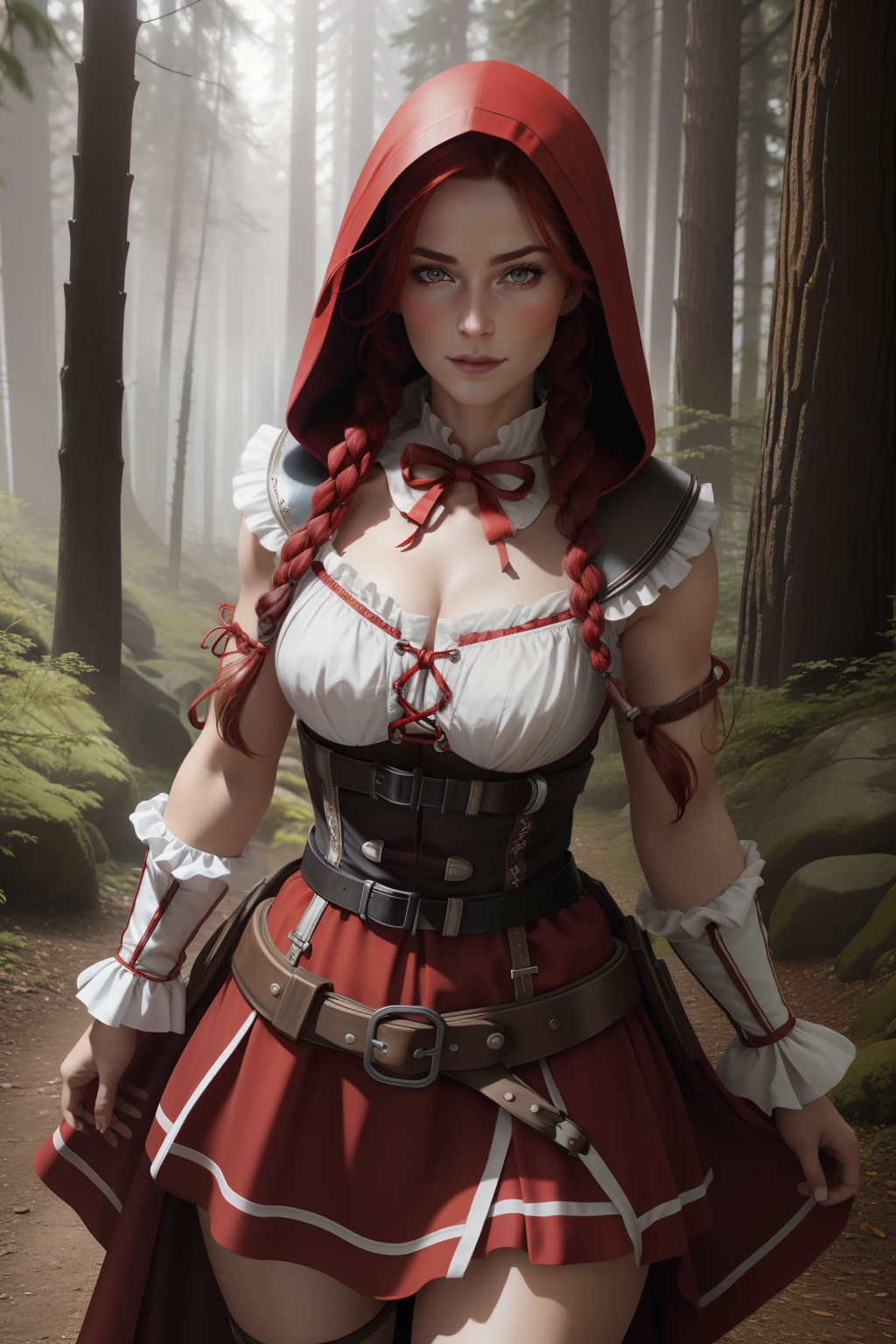 1girls, xyzfable, twin braids, rotes Haar, Little Red Riding Hood, belts, white corset, portrait, Closeup, Gesichtsmarkierung, Im Wald, cinematic, full entire body, Lange Stiefel bis zu den knien, 8k, real picture, spotlight , Rock, rocklift