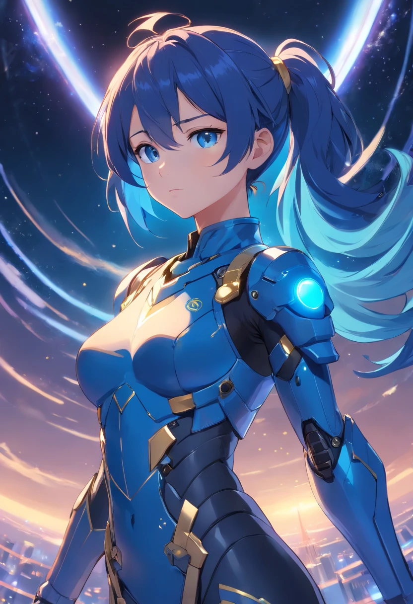 girl, full body, blue ponytail hair, blue eyes, sexybody, space, costume+black armor with golden parts,