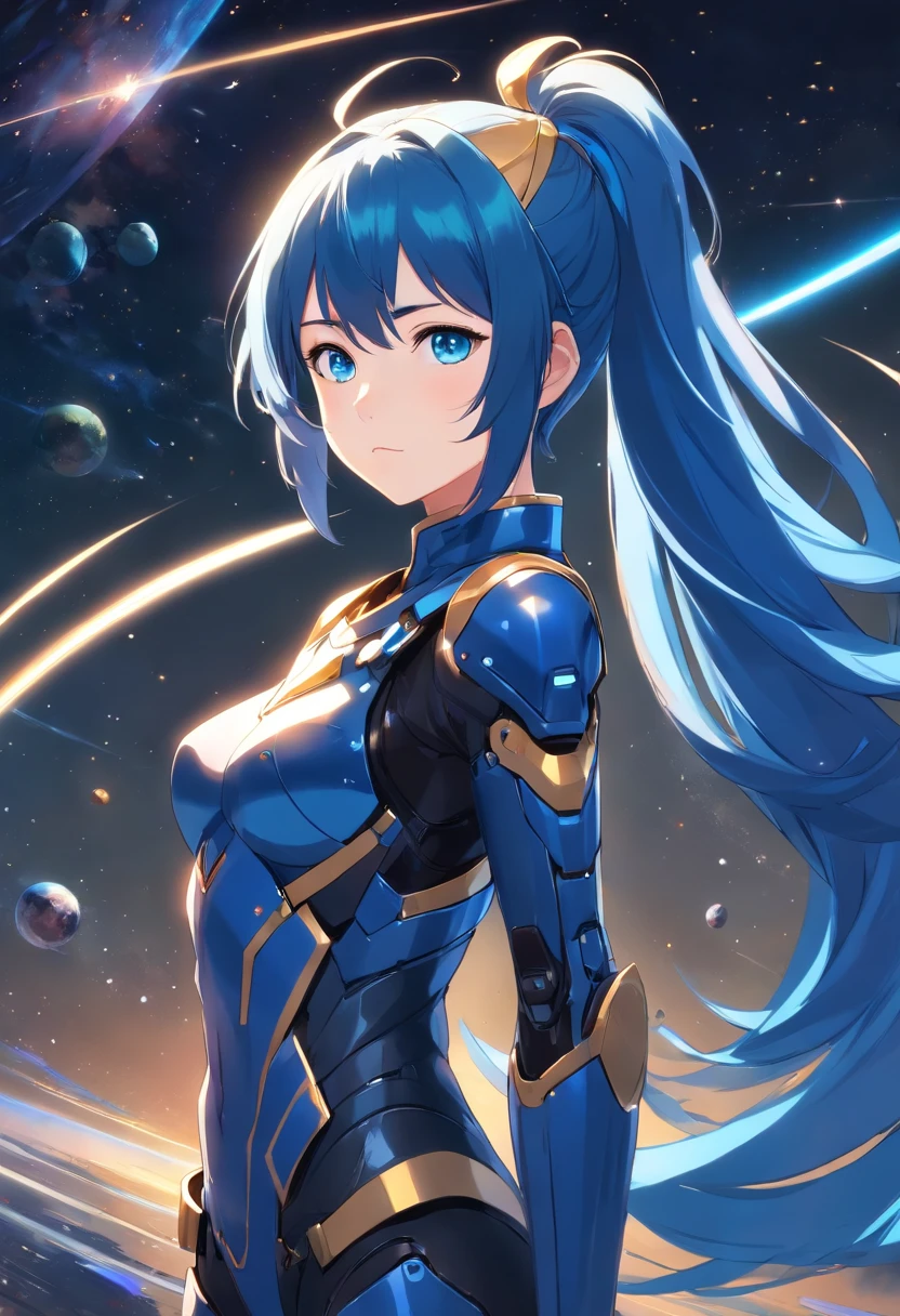 ultra-detailed, high resolution, extremely detailed cg, anime picture,  (masterpiece, best quality:1.4), illustration, 1girl, blue hair, long hair, leotard, bare shoulders, elbow gloves, (frilled skirt), blue thighhighs, dynamic pose, space, <lora:mutsumiAGA:0.7>