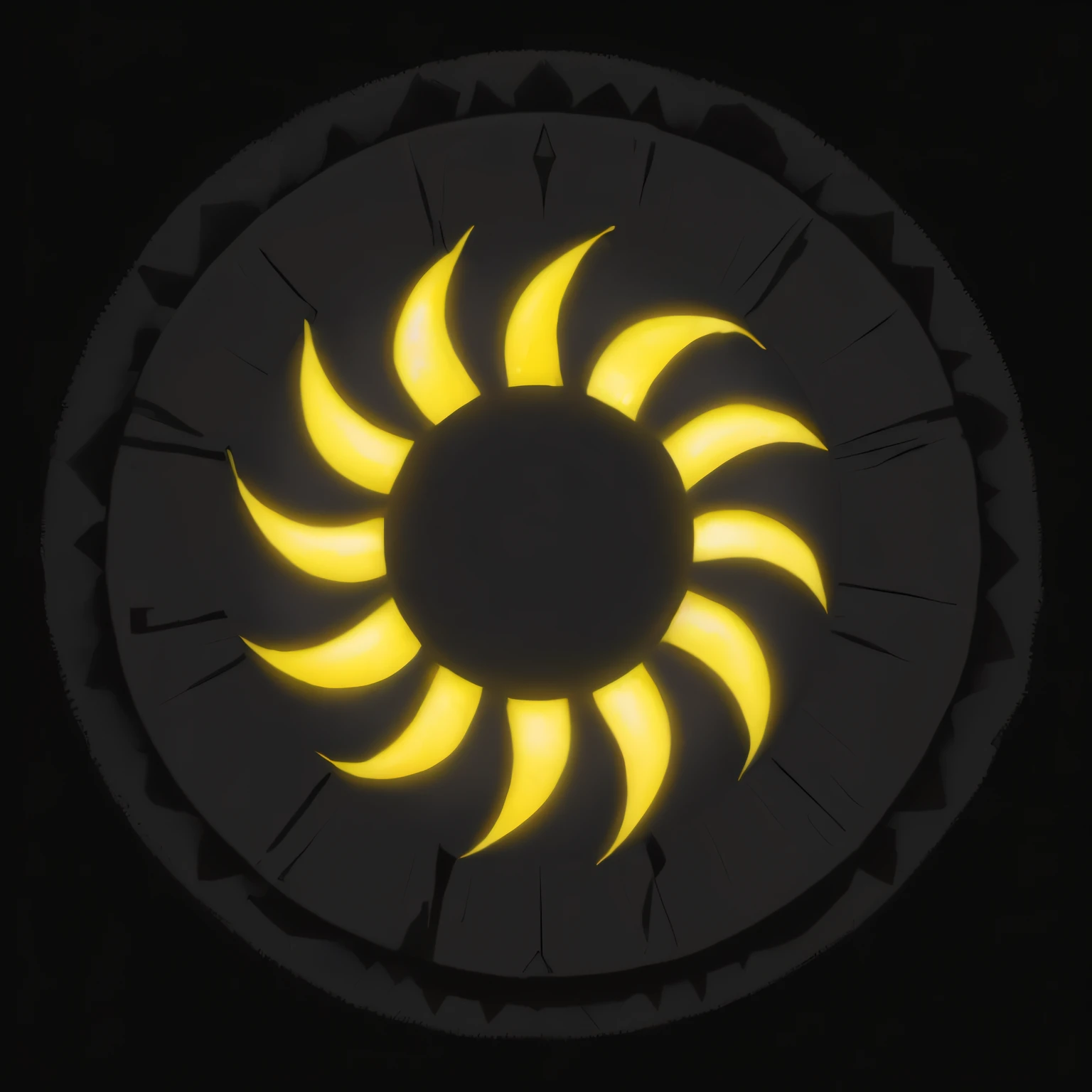 a black button with yellow sun on it, sol pleno, sol preto, Sol do buraco negro, sol do buraco negro, sol brilhando, sol escuro, punk solar, eixo do sol, sol brilhante, Shurikens, Asian Sun, Toque da lente, muito ensolarado, luz do dia, sol brilhante, raio de sol, brilho do sol, O Sol Escuro, sun in the zenith